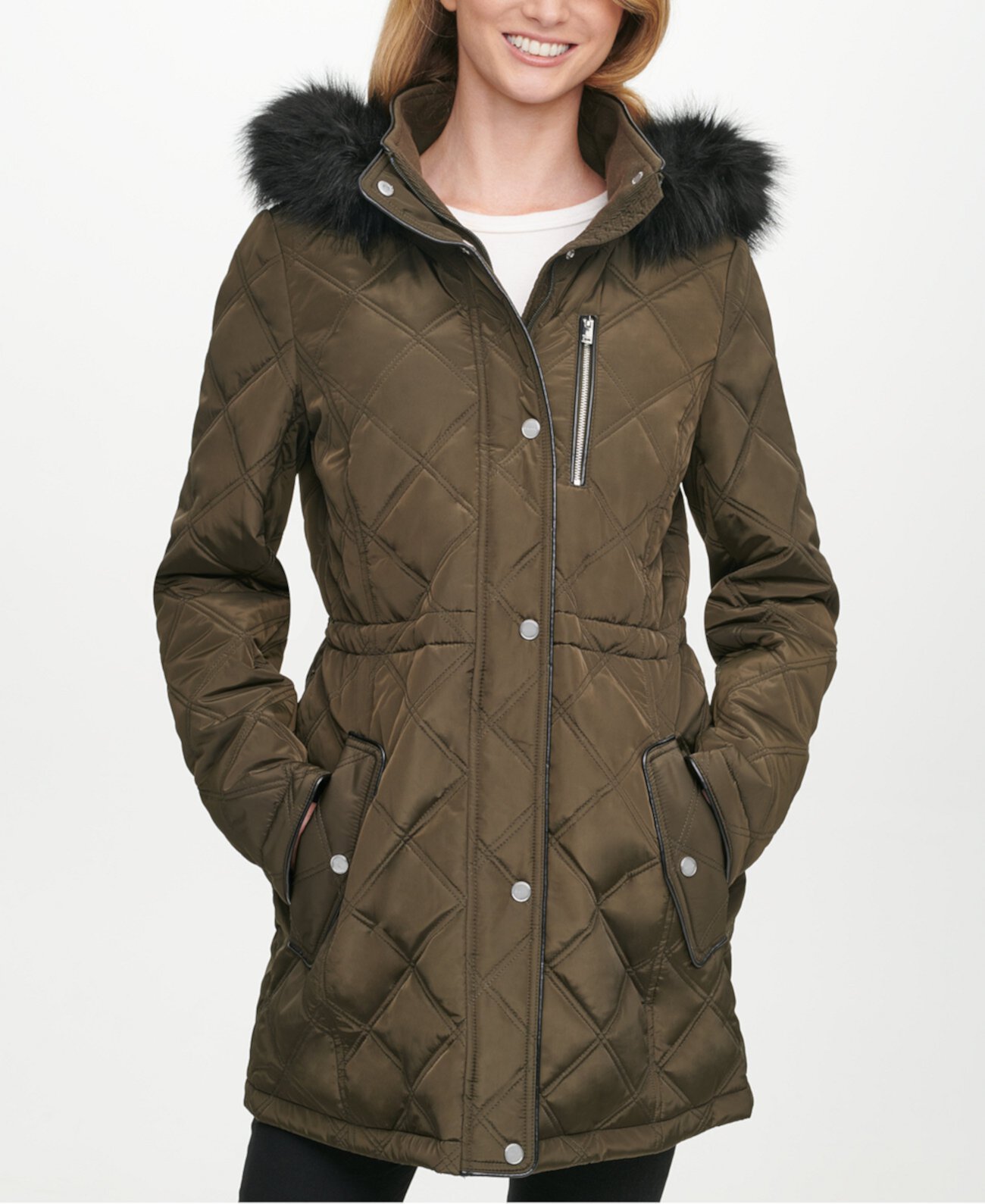 Стеганое пальто-анорак с капюшоном и отделкой из искусственного меха, созданное для Macy's DKNY