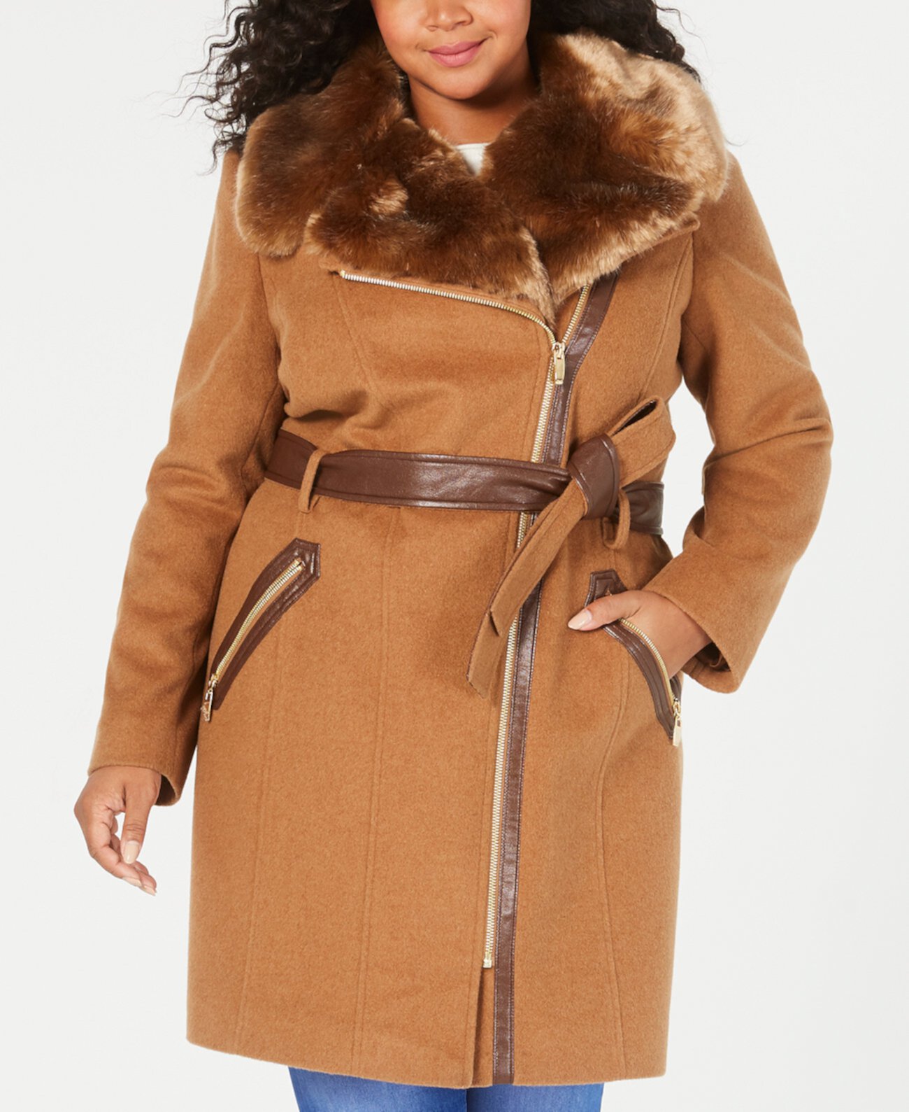Пальто большого размера с асимметричным поясом и воротником из искусственного меха, созданное для Macy's Via Spiga
