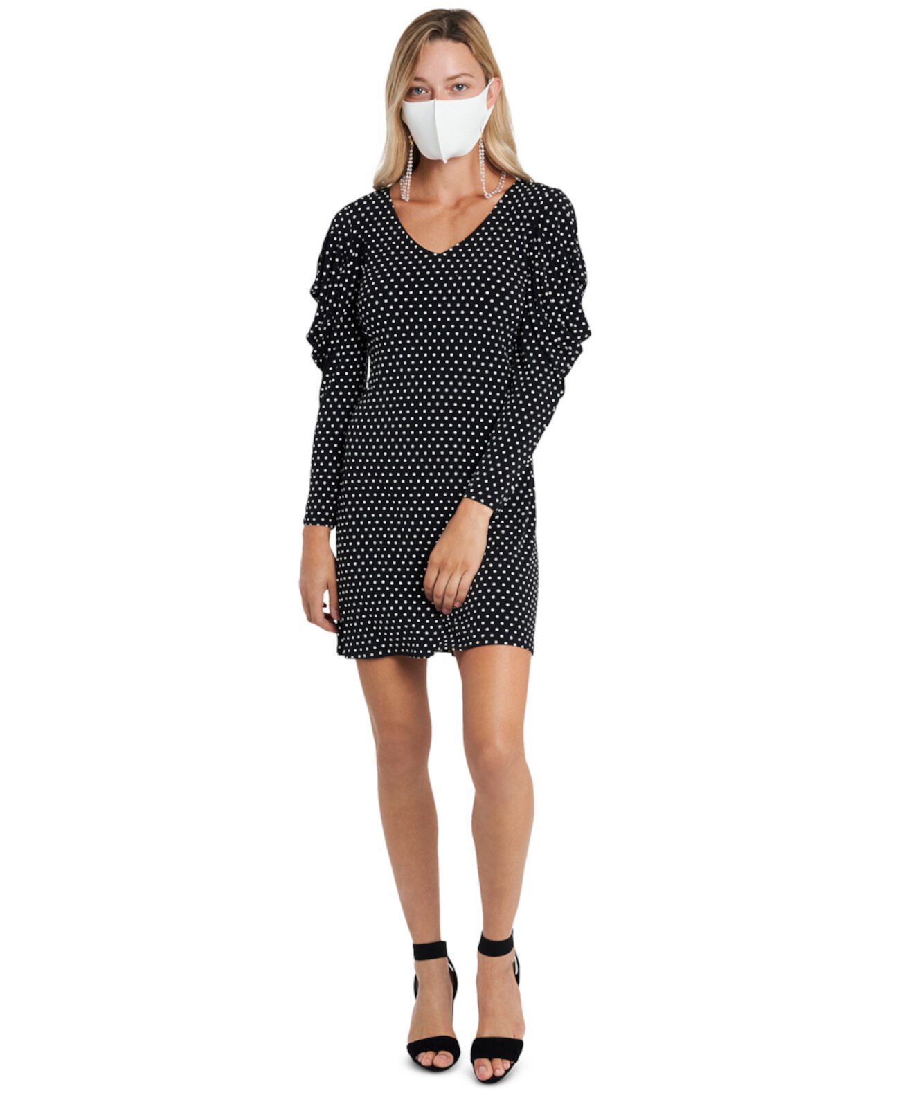 Платье-футляр с пышными рукавами и колье с маской для лица MSK