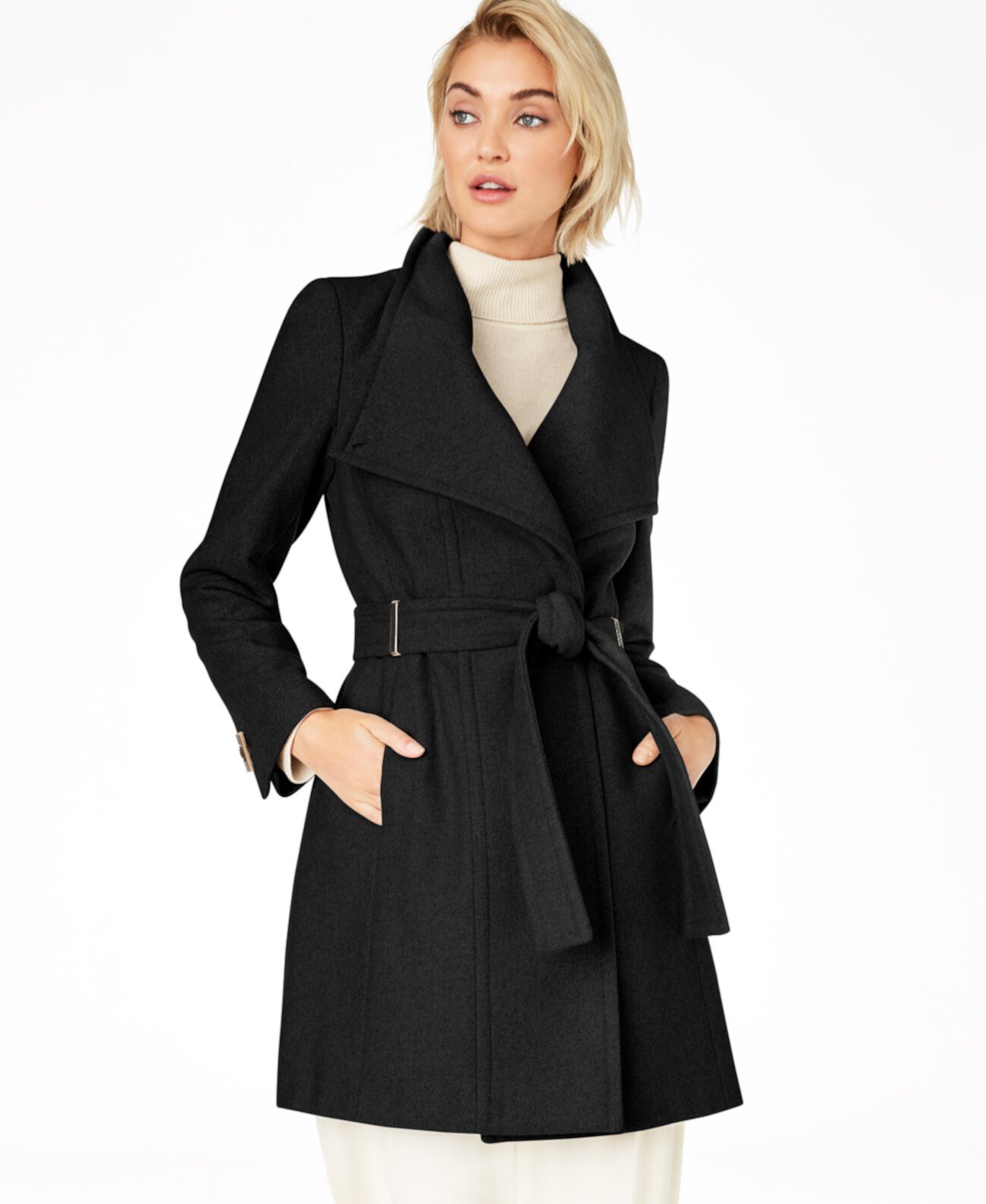 Пальто с запахом и асимметричным поясом Petite, созданное для Macy's Calvin Klein