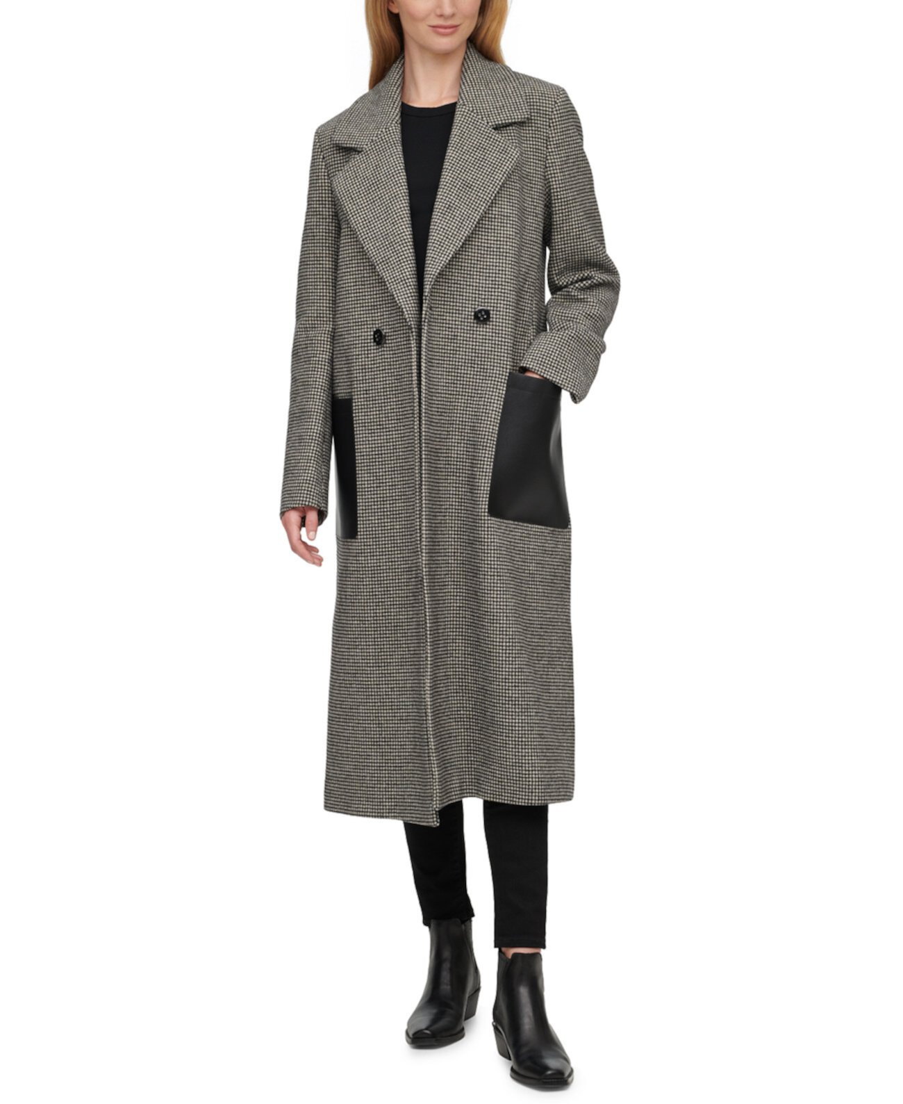 Макси-пальто с узором «гусиные лапки» с карманами из искусственной кожи Calvin Klein