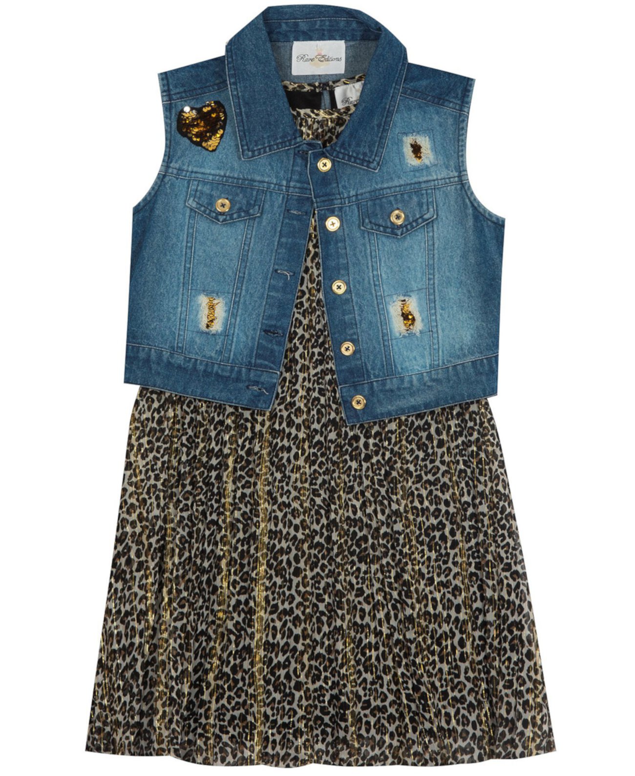 Little Girl Printed Pleated Dress With Denim Vest Rare Editions