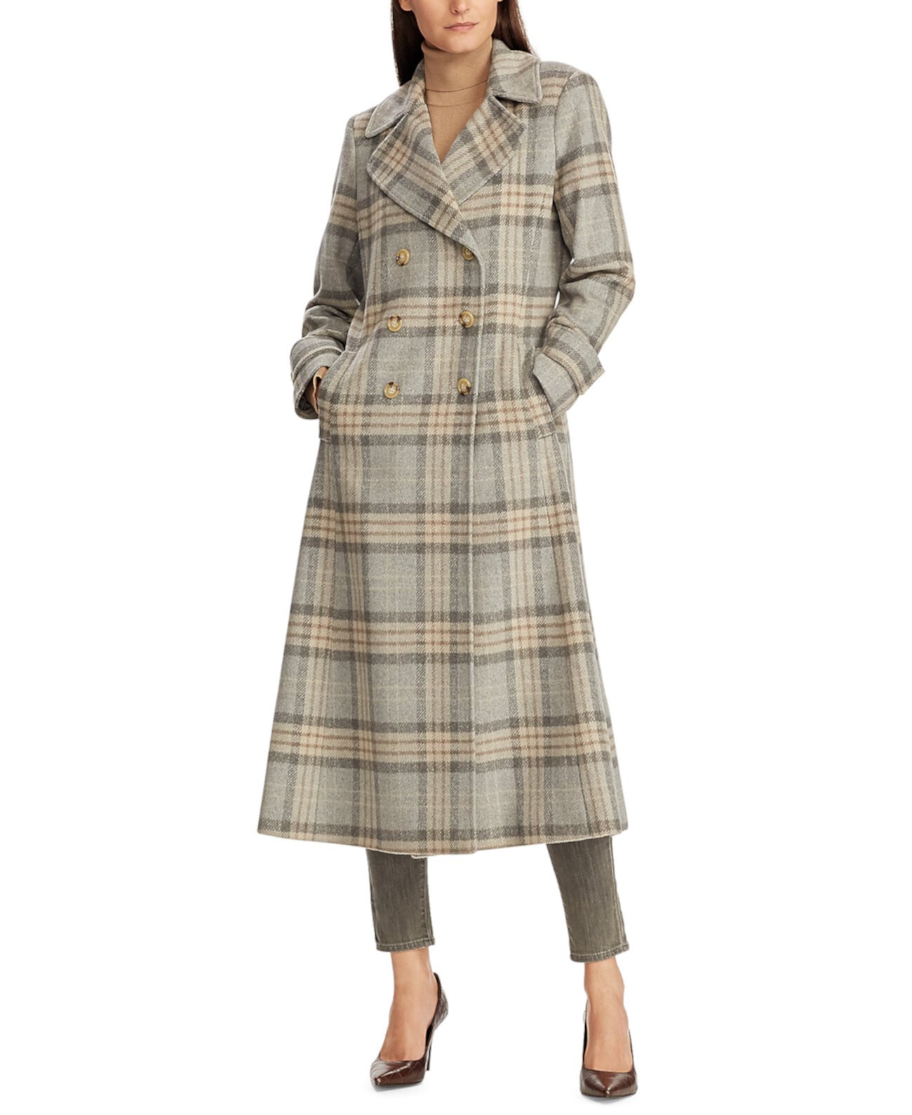 Двубортное пальто из смесовой шерсти в клетку Ralph Lauren