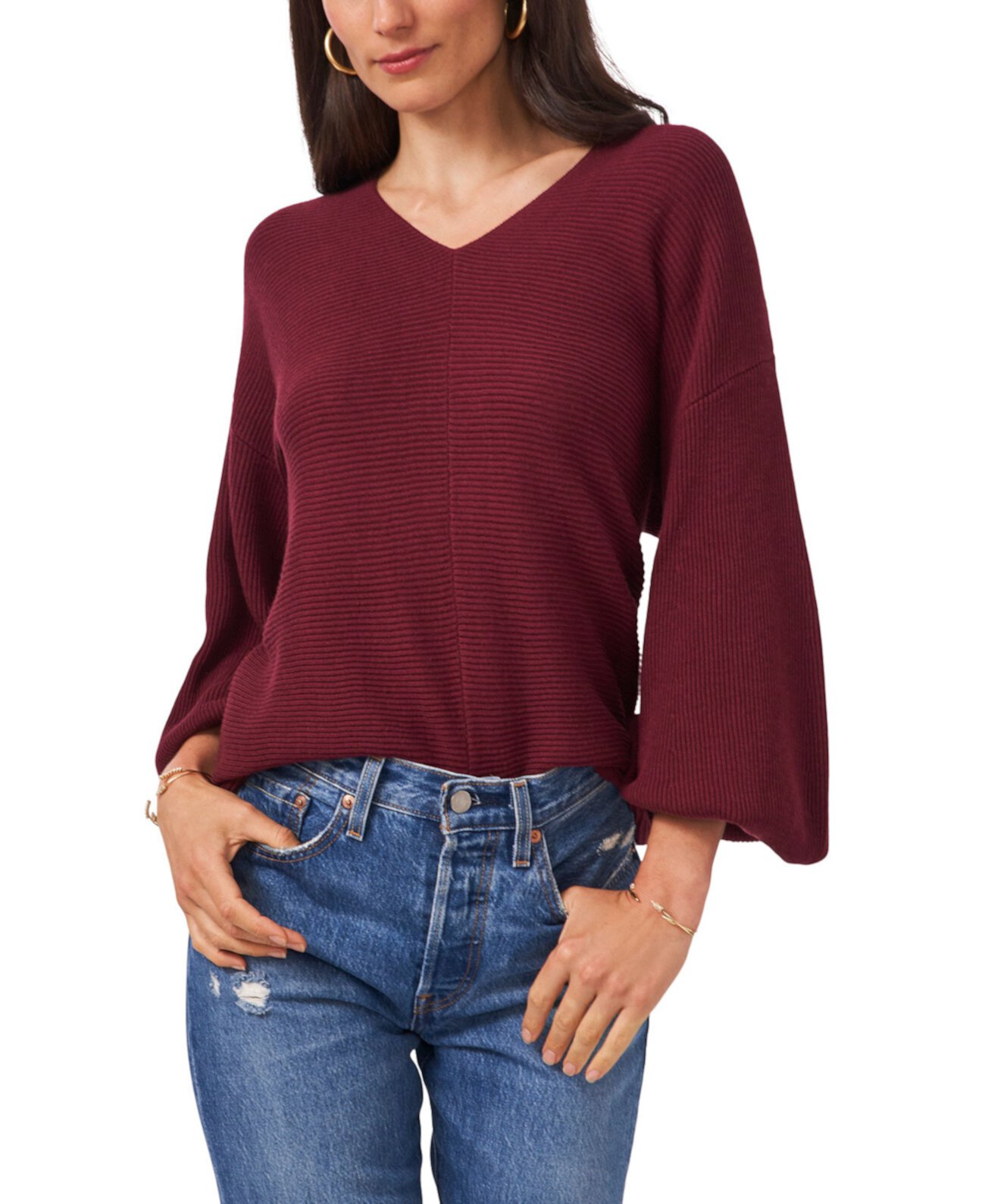 Women's Rib-Knit Bubble Sleeve Long Sleeve Sweater 1.STATE