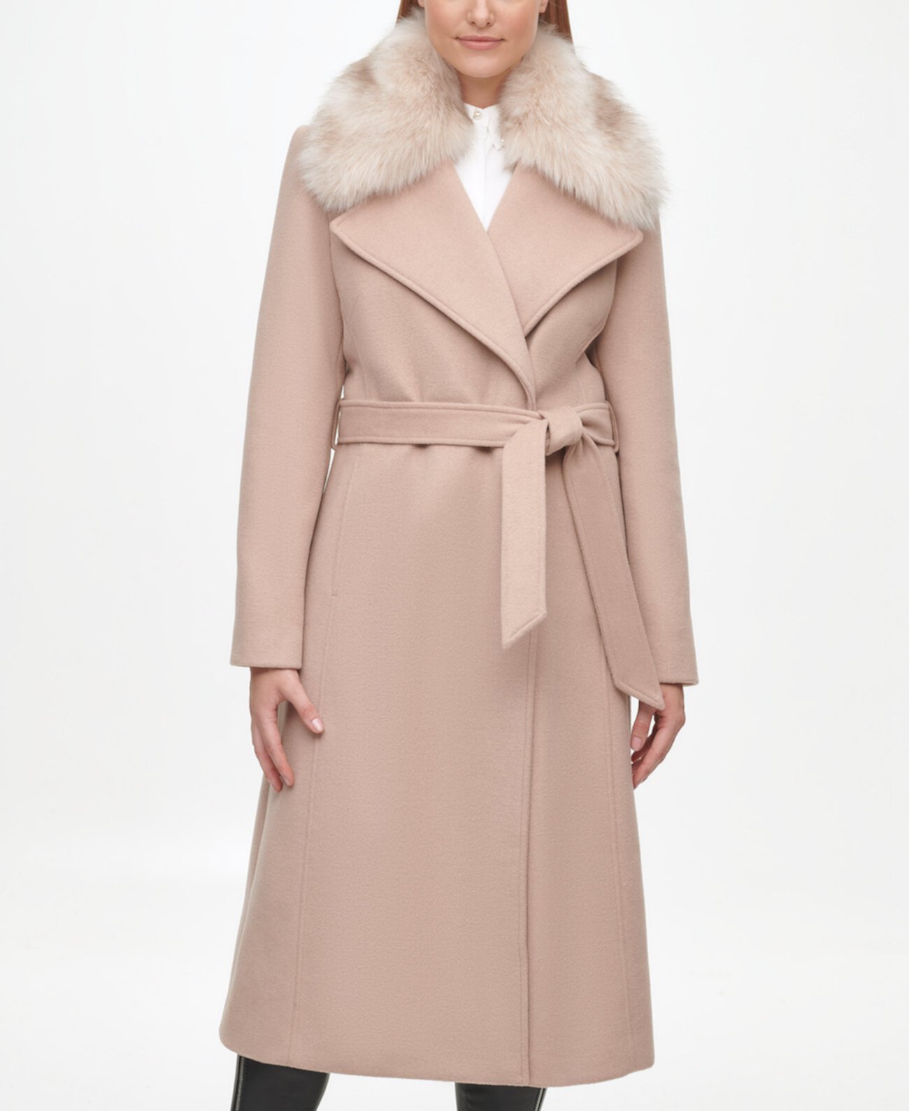 Женское пальто с запахом и поясом с воротником из искусственного меха Karl Lagerfeld Paris