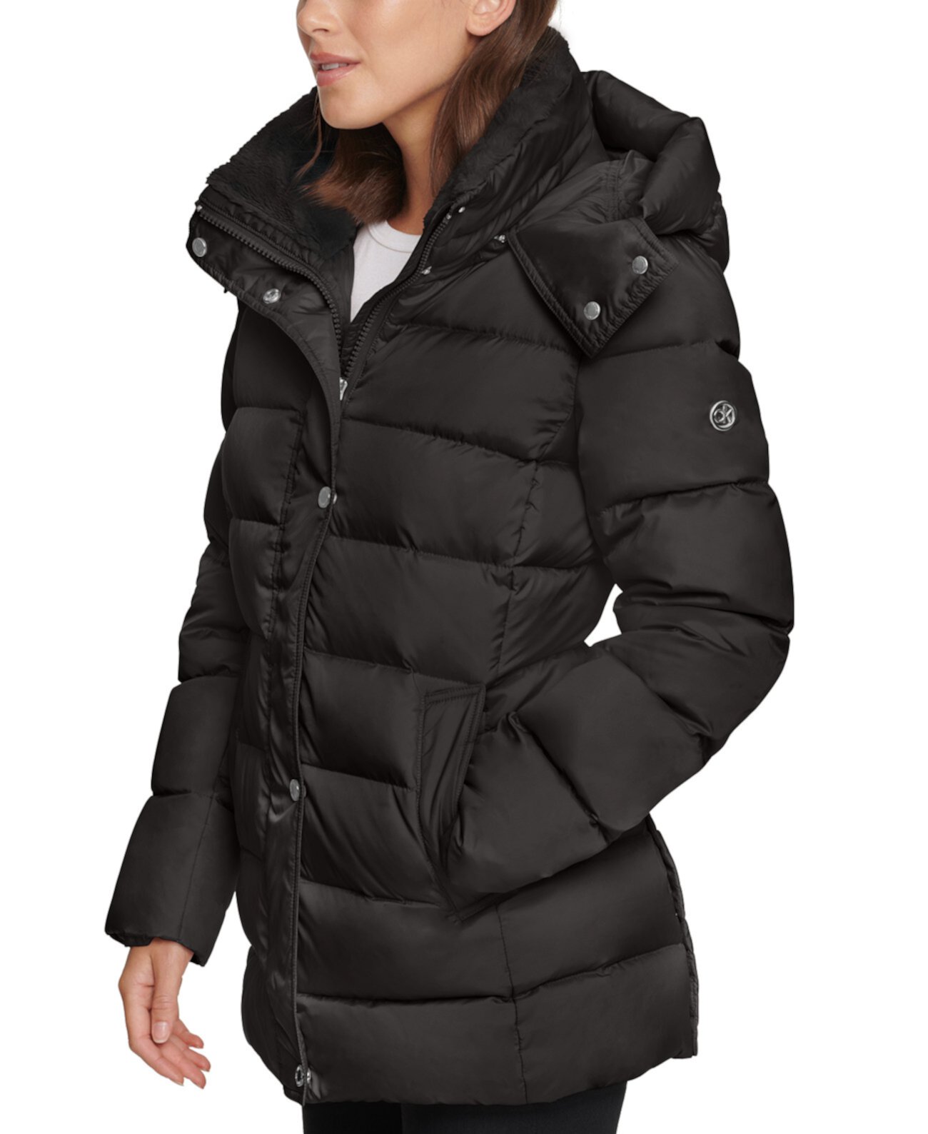 Пуховое пальто с капюшоном и искусственным мехом, созданное для Macy's Calvin Klein