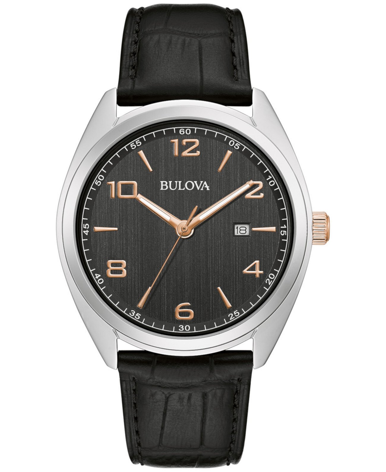 Мужские часы с черным кожаным ремешком 42 мм Bulova