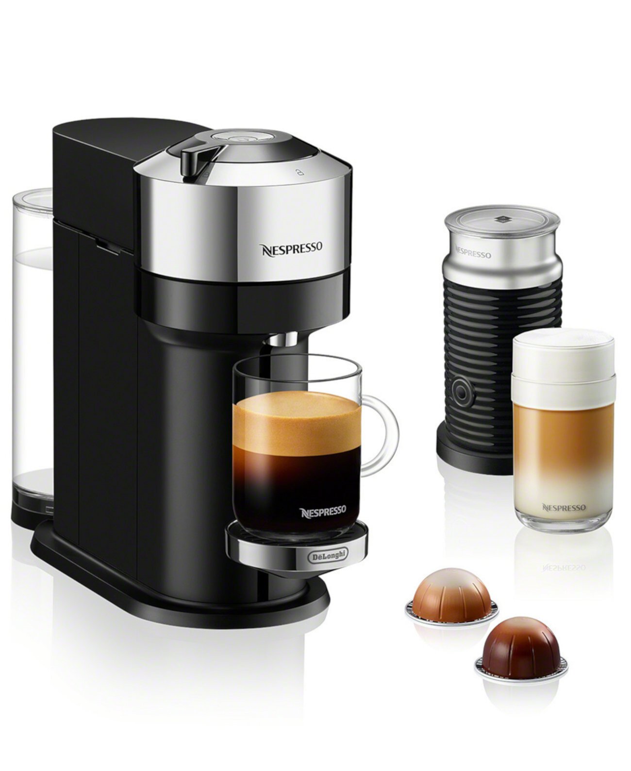 Кофемашина и эспрессо-машина Vertuo Next Deluxe от De'Longhi, хромированная, с насадкой для вспенивания молока Aeroccino Nespresso