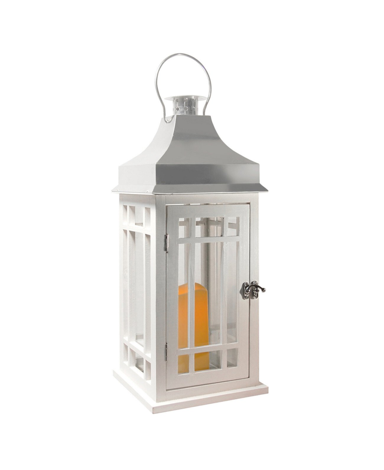 Белый деревянный фонарь Lumabase с хромированной крышей и светодиодной свечой JH Specialties Inc / Lumabase
