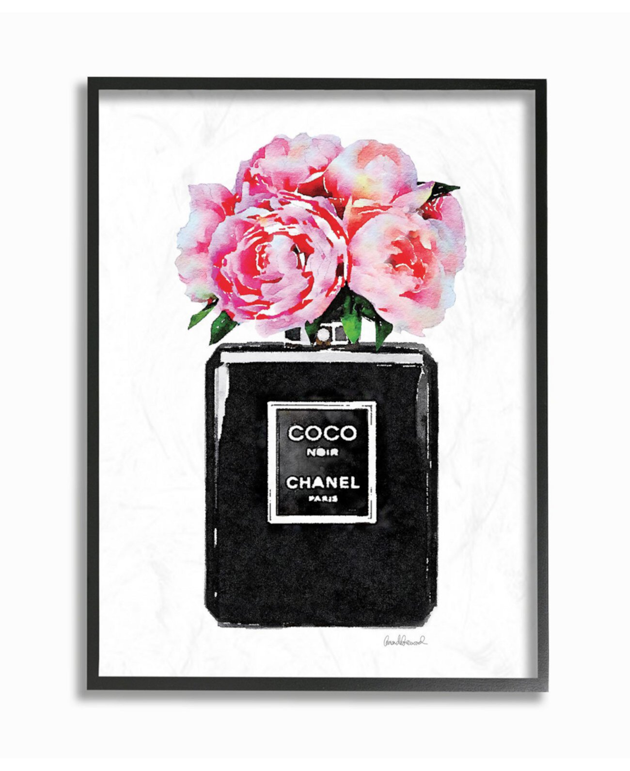 Glam Perfume Bottle Flower Черный пион в розовой рамке Giclee Art, 16 "x 20" Stupell Industries