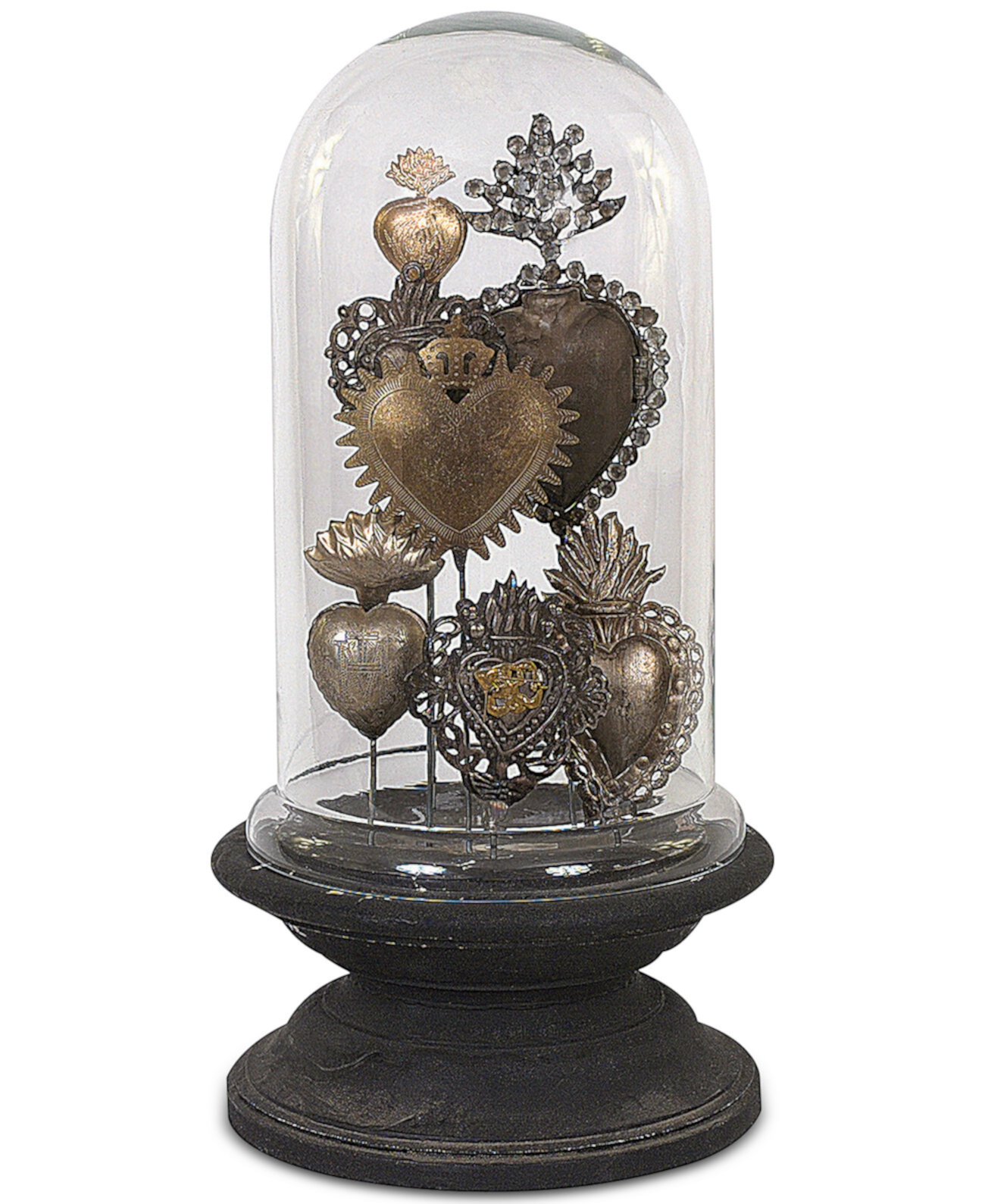Оловянные священные сердца на деревянном постаменте со стеклянным колпаком 3R Studio