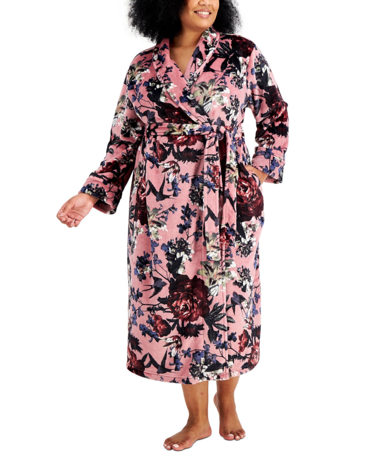 Plus Size Plush Printed Long Wrap Robe, Created for Macy's Charter Club