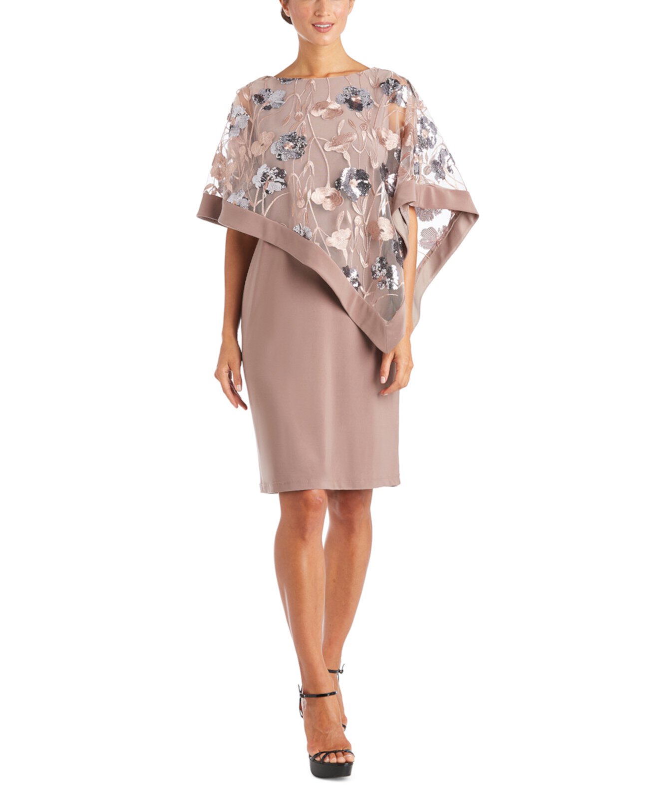 Асимметричное платье с вышивкой и накладным слоем из сетки Petite R & M Richards