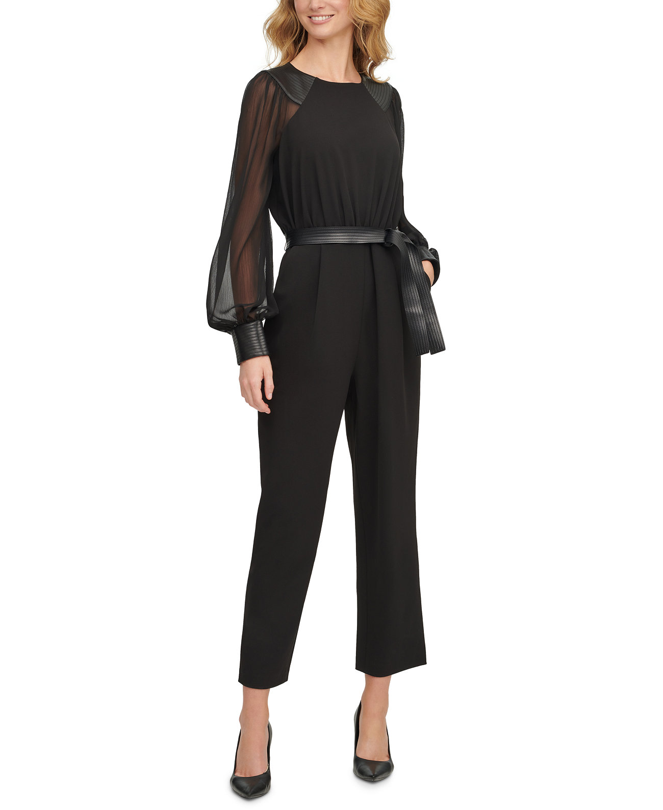 Chiffon-Sleeve Faux-Leather-Trim Cropped Jumpsuit Calvin Klein