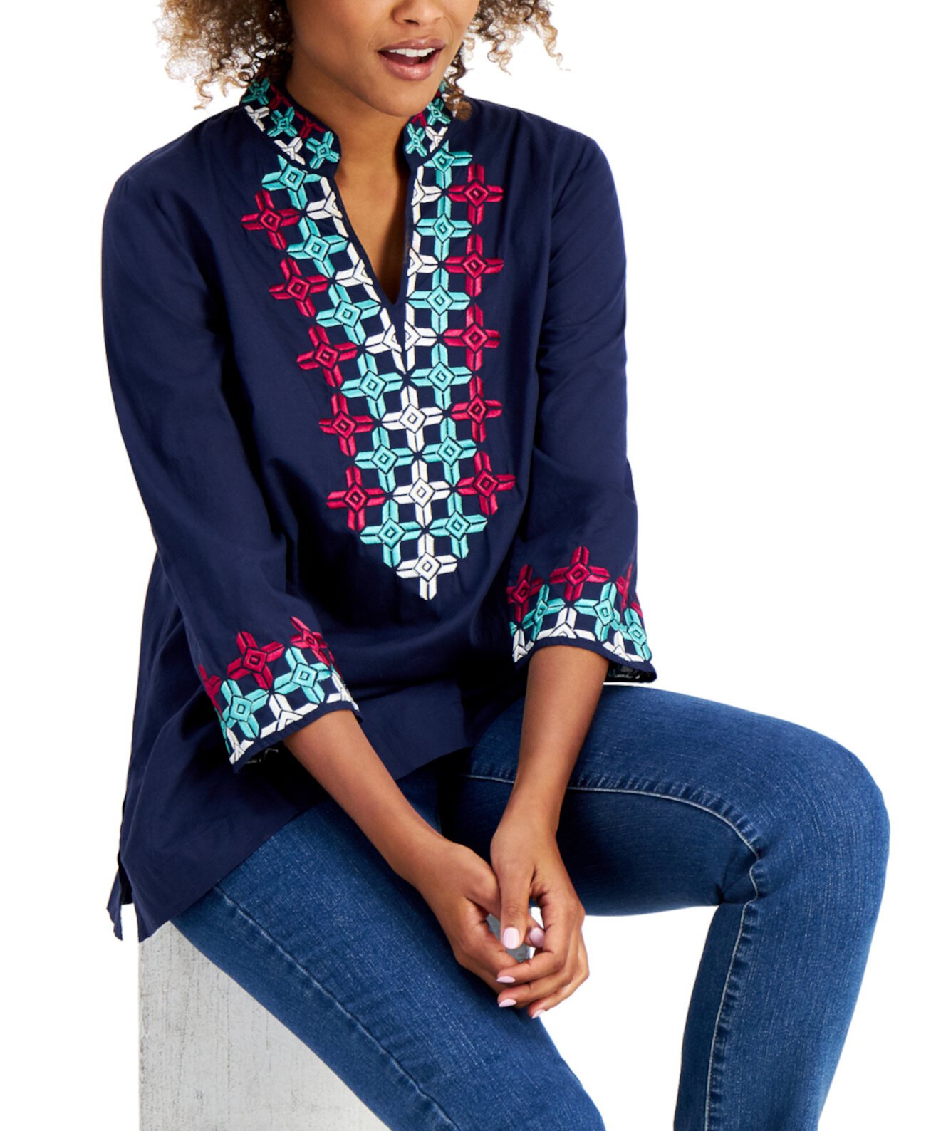 Cotton Embroidered 3/4-Sleeve Top, Created for Macy's Charter Club