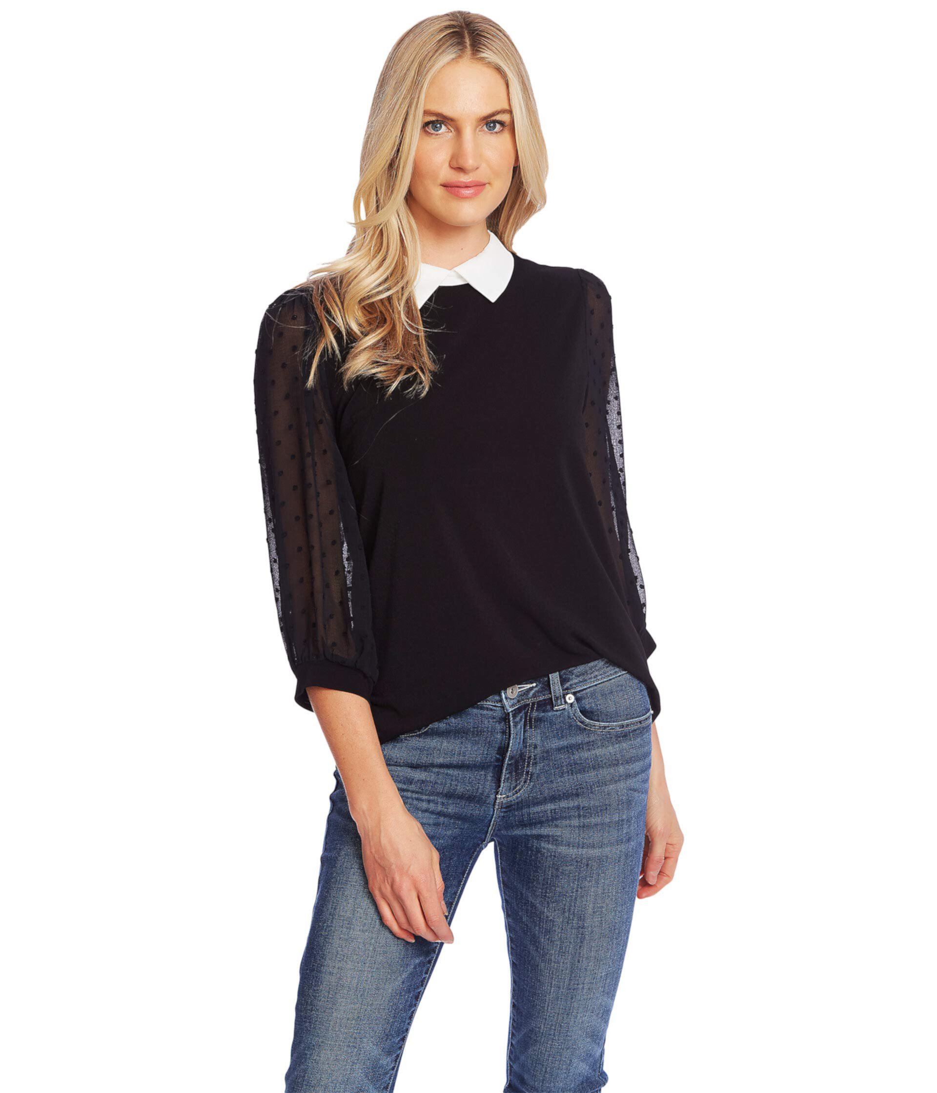 Long Sleeve Collared Knit Top with Clip Dot Sleeves CeCe