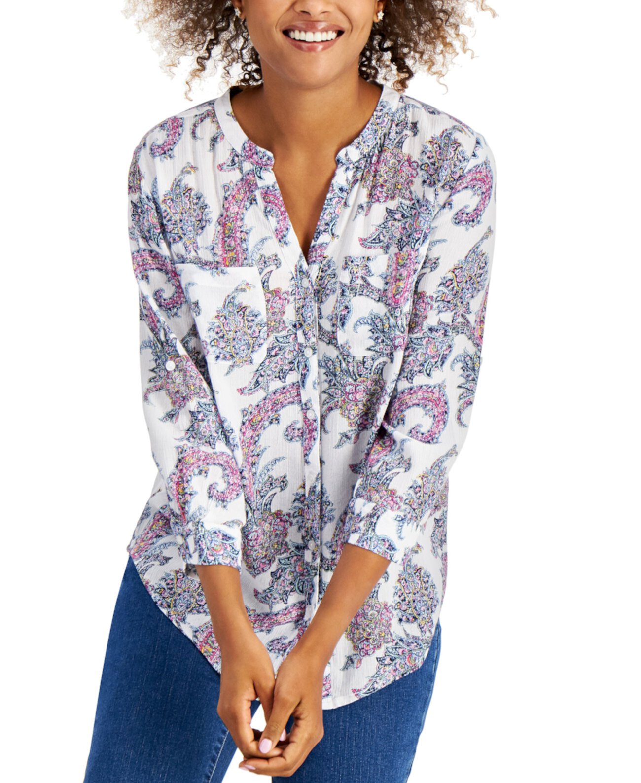 Printed Split-Neck Shirt, Created for Macy's Charter Club