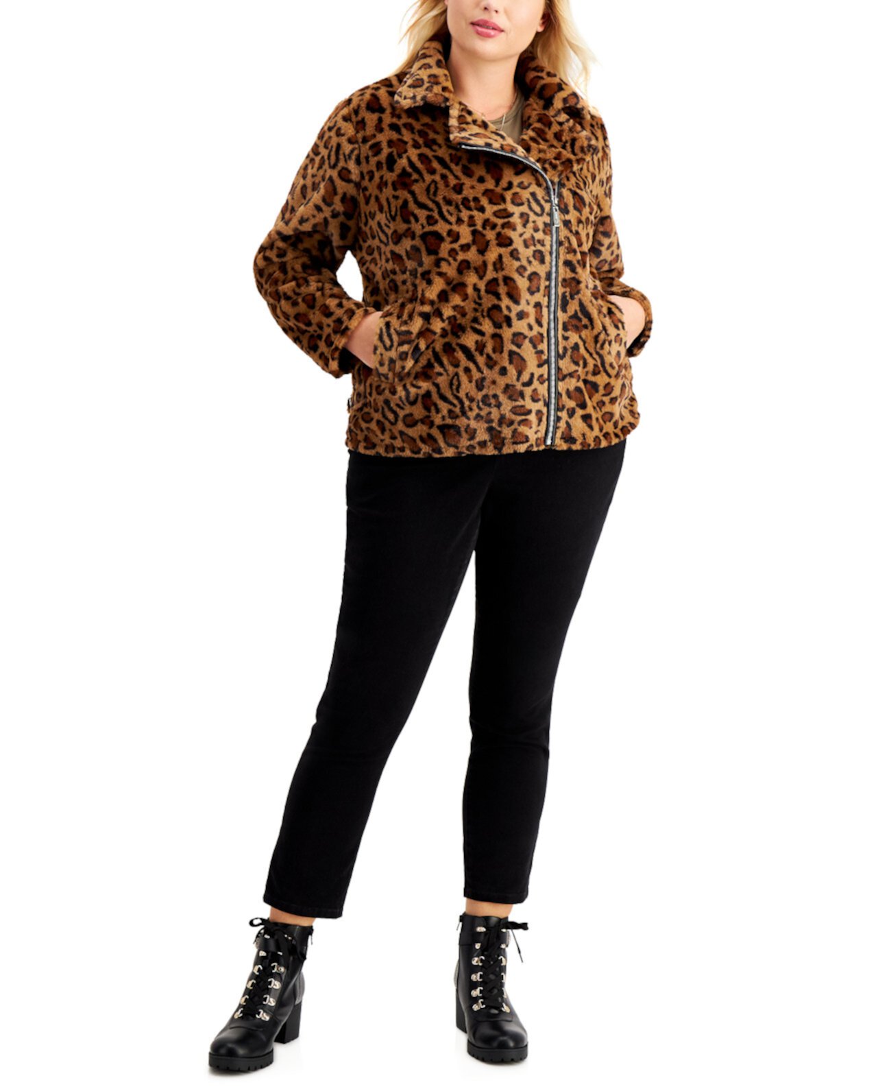 Juniors' Trendy Plus Size Faux-Fur Leopard Moto Jacket Jou Jou