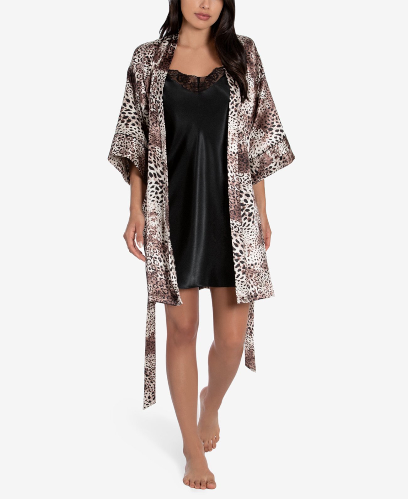 2-Pc. Charmeuse Printed Wrap Robe & Solid Chemise Nightgown Set Linea Donatella