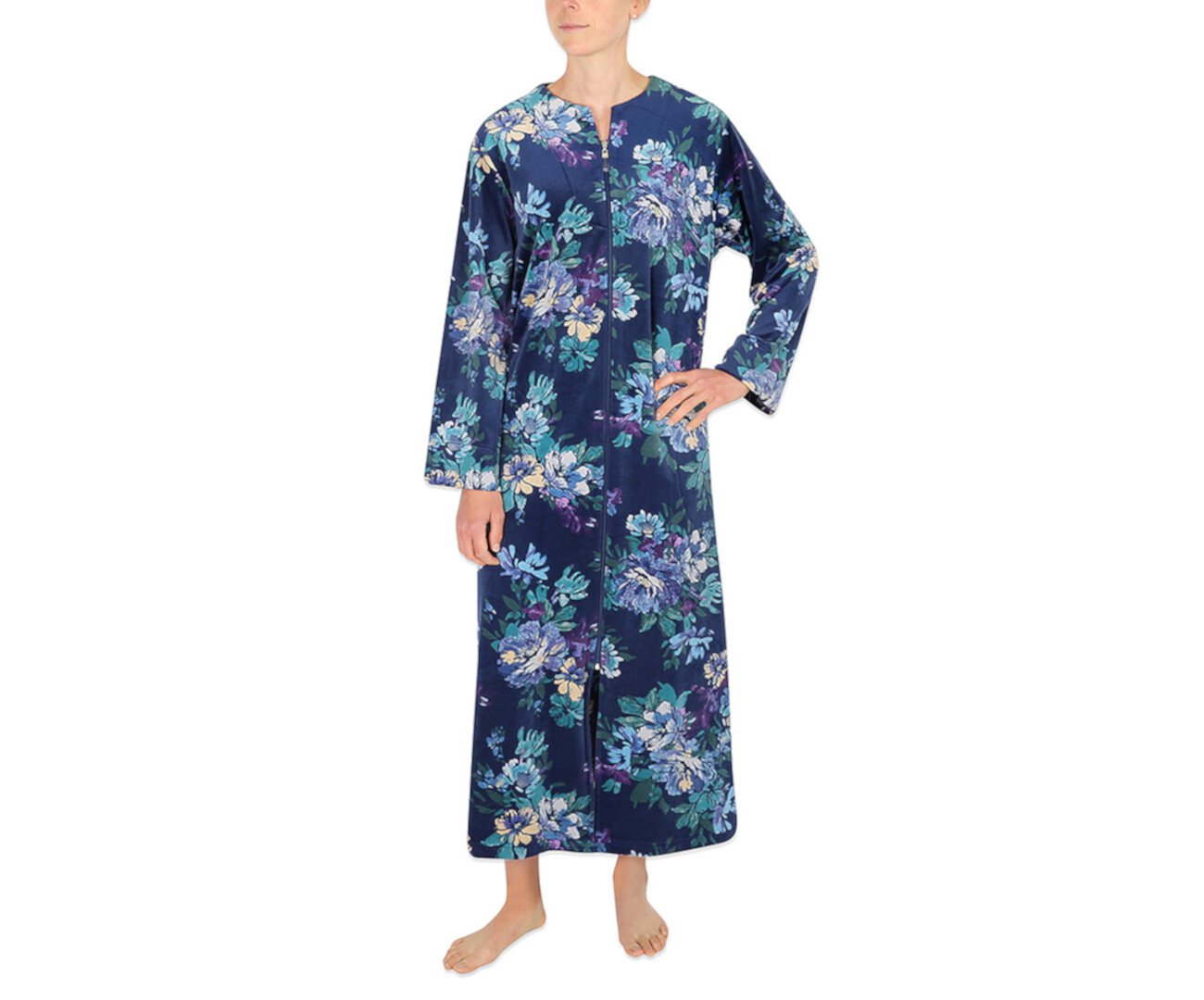 Floral-Print Fleece Long Zipper Robe Miss Elaine