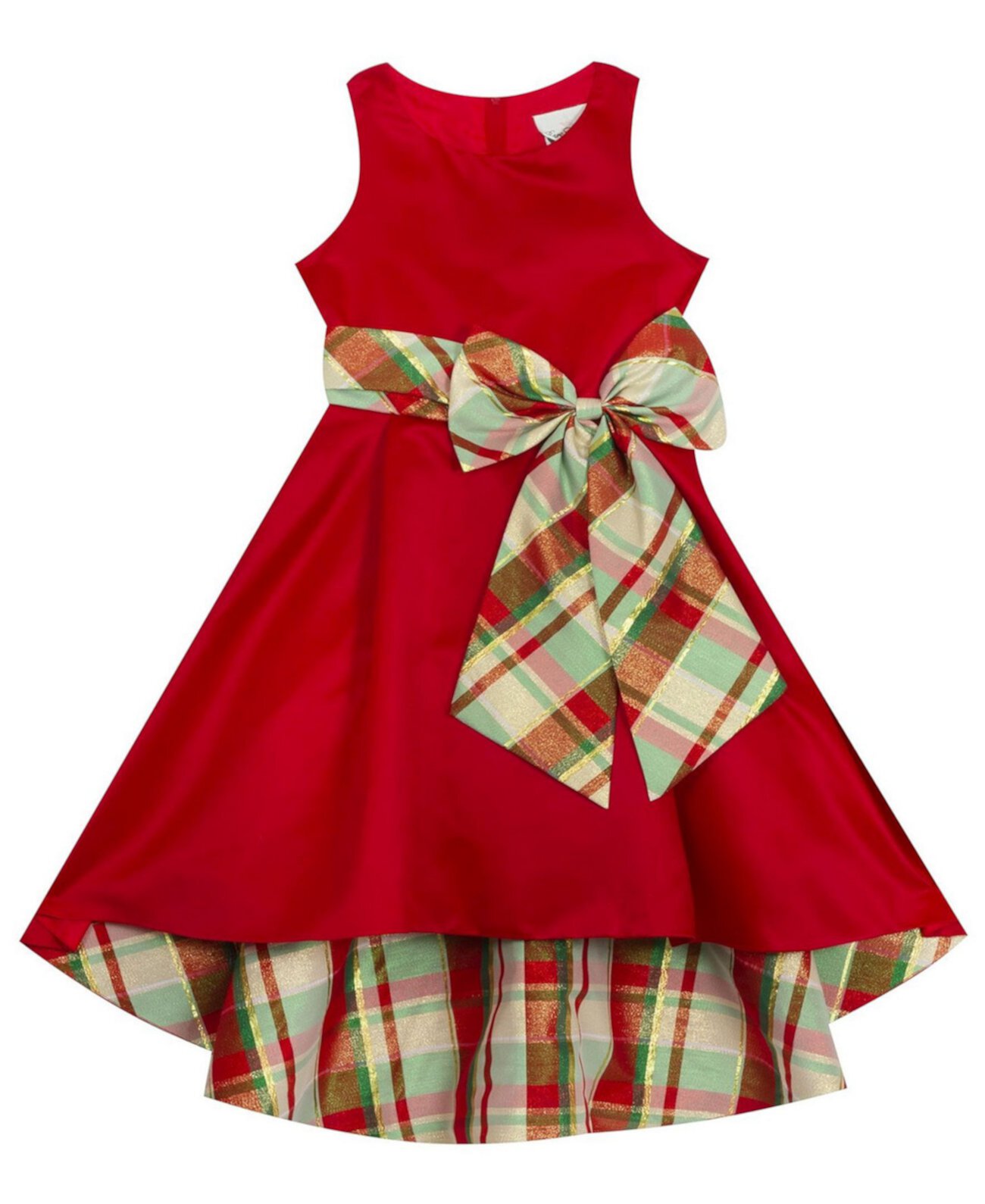 Toddler Girl Solid Hi-Low Dress With Plaid Bow And Lining Rare Editions