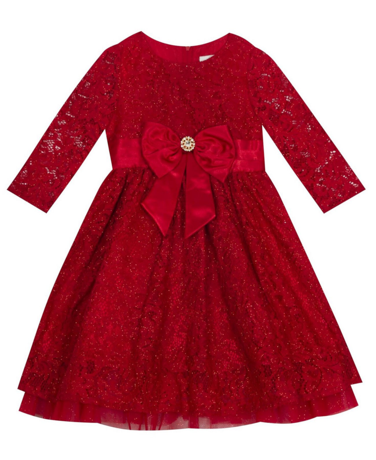 Кружевное платье для маленькой девочки с рукавами 3/4 дюйма, сетчатыми рюшами и бантом Rare Editions