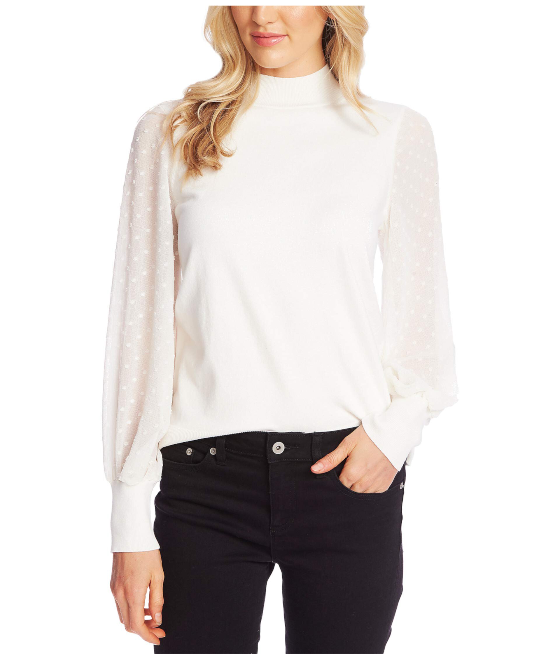 Long Sleeve Mock Neck Clip Sleeve Sweater CeCe