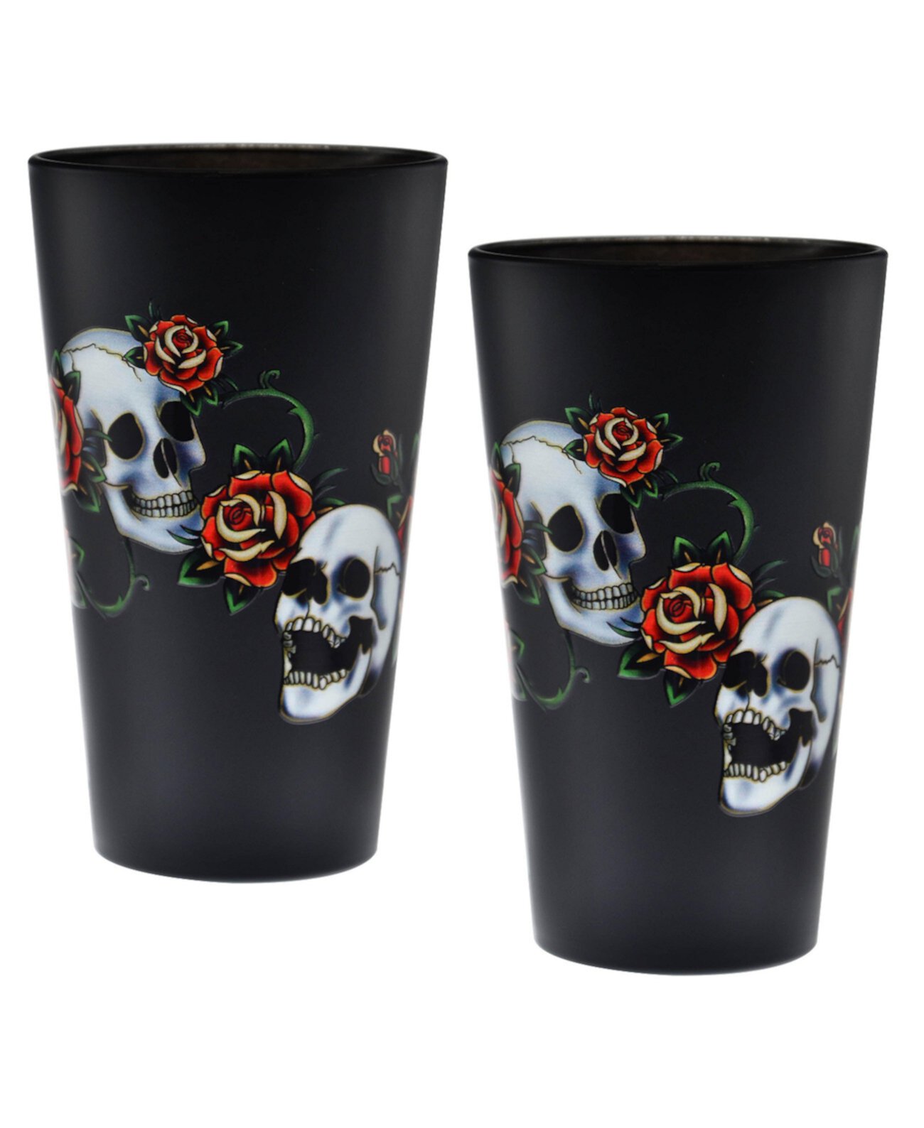 Skull & Rose Pint Glass 16-Ounce Set of 2 Culver