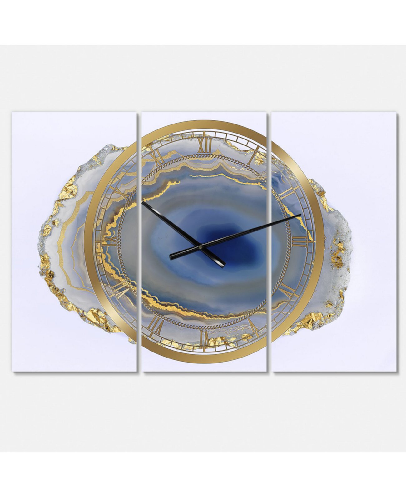 Большие модные настенные часы с 3 панелями с золотым водным агатом - 36 "x 28" x 1 " Designart