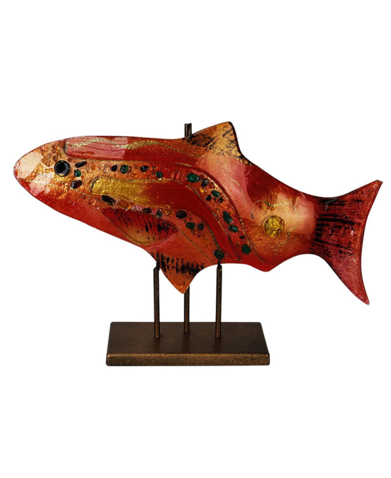 Красная рыба размером 18 x 10 дюймов с подставкой с золотым поцелуем Jasmine Art Glass