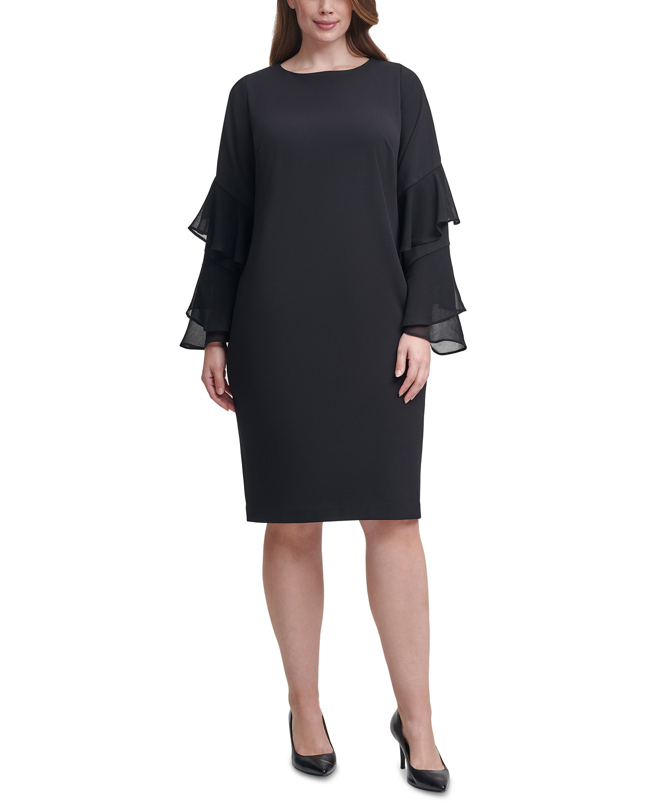 Plus Size Crepe Chiffon-Sleeve Sheath Dress Calvin Klein