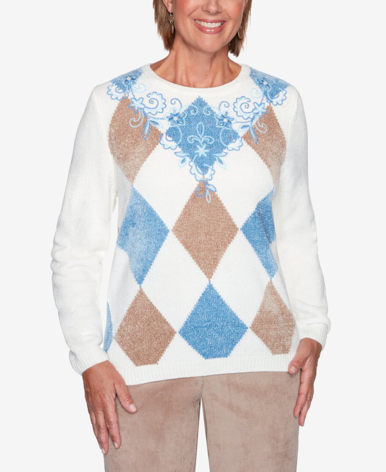 Женский свитер больших размеров Dover Cliffs Argyle с цветочной кокеткой и вышивкой Alfred Dunner