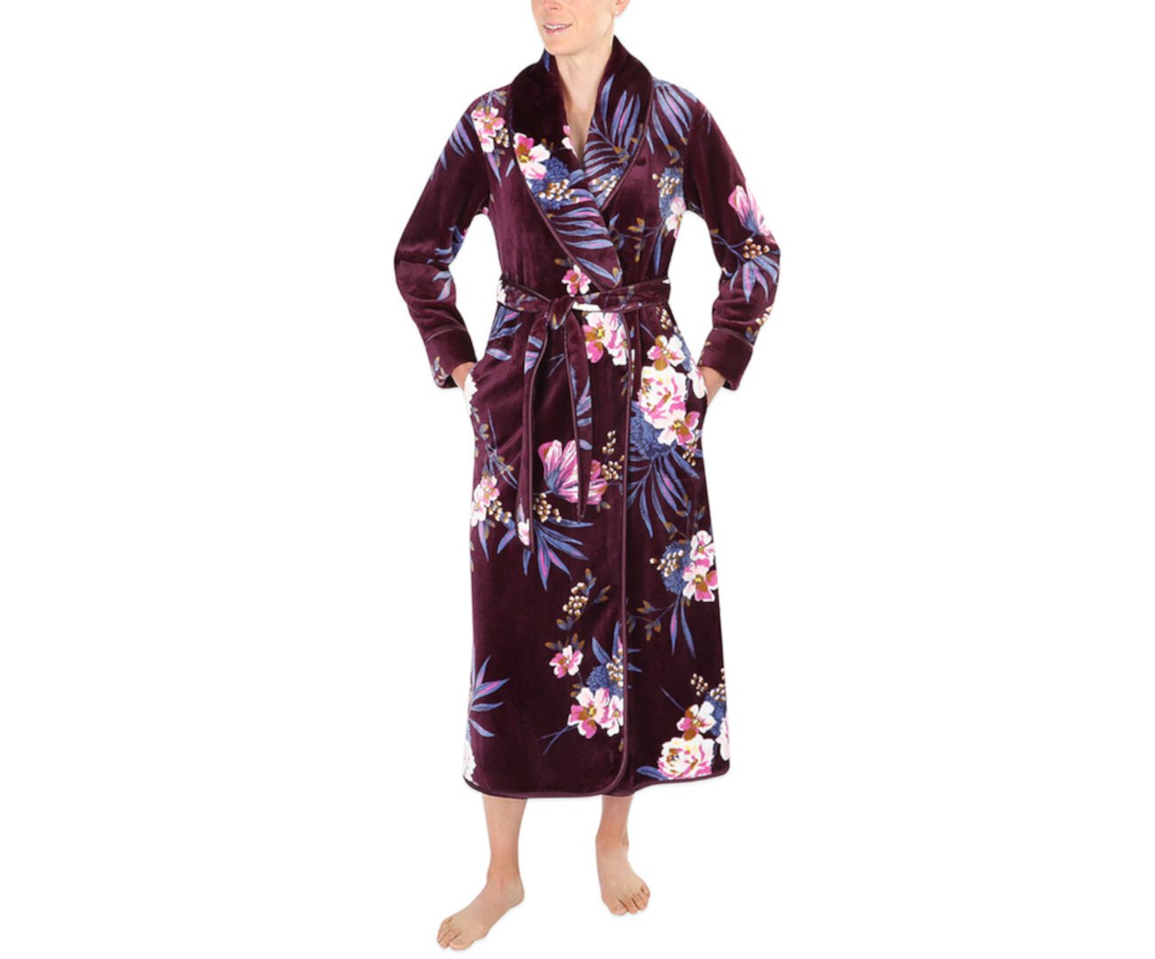 Floral-Print French Fleece Long Wrap Robe Sesoire