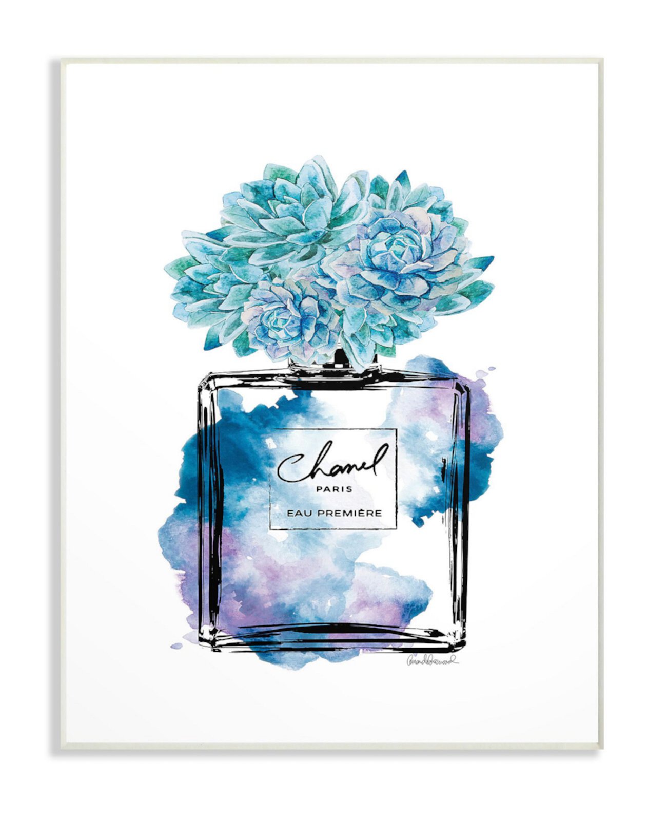 Модный акварельный флакон духов с настенной табличкой с синими цветами, 10 дюймов (Д) x 15 дюймов (В) Stupell Industries