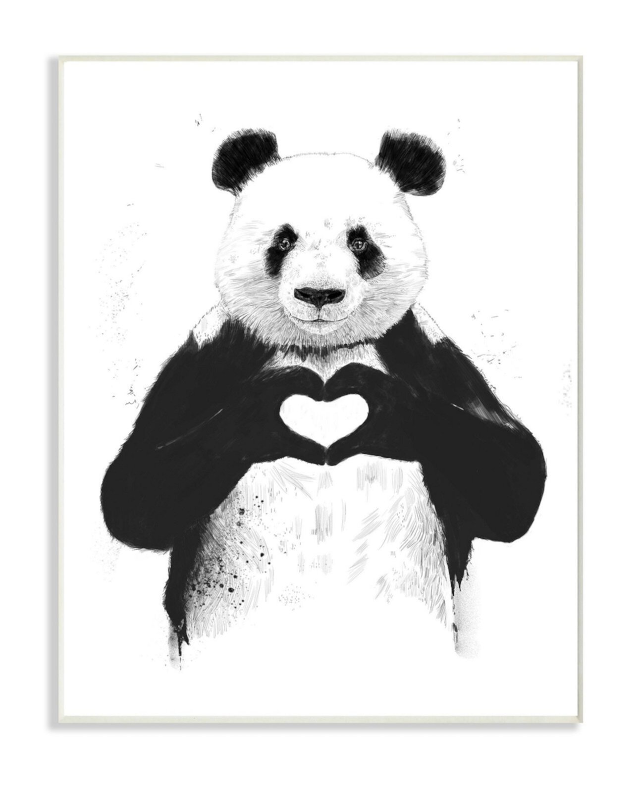 Черно-белая панда, лепящая сердечко, тушью, настенная табличка, искусство, 10 дюймов (Д) x 15 дюймов (В) Stupell Industries