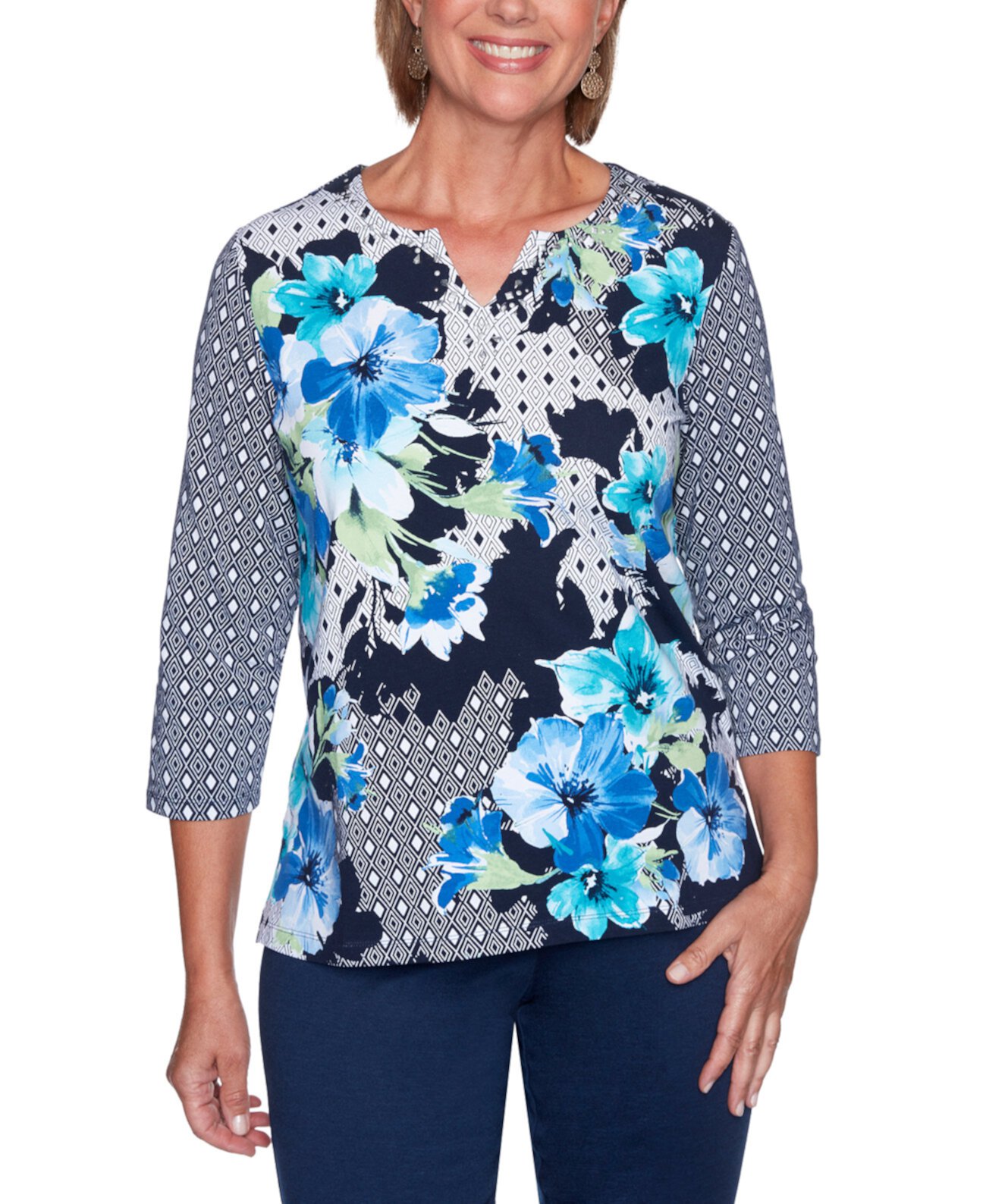 Petite Vacation Mode Mixed-Print Top Alfred Dunner