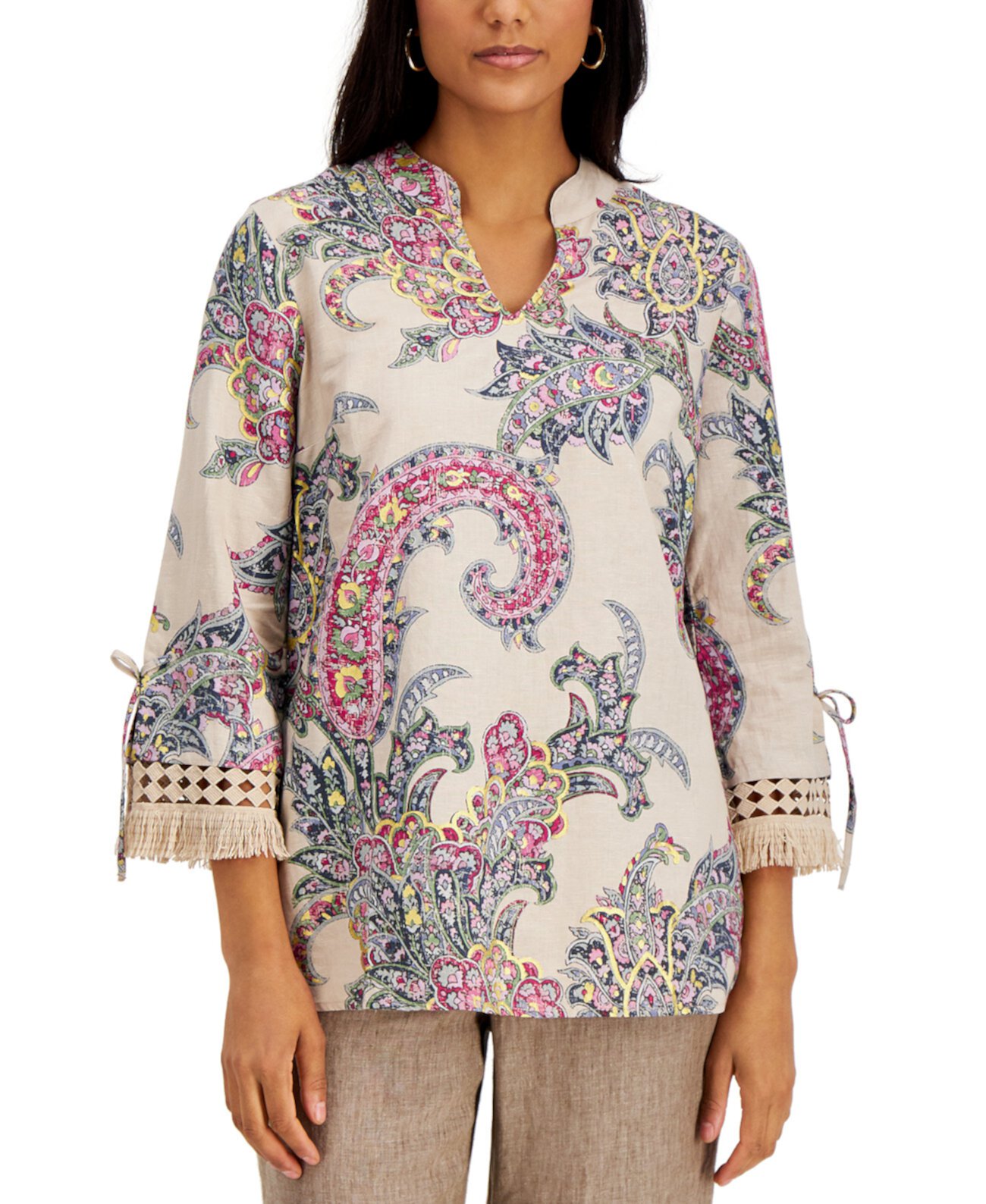 Printed Fringe-Cuff Top, Created for Macy's Charter Club