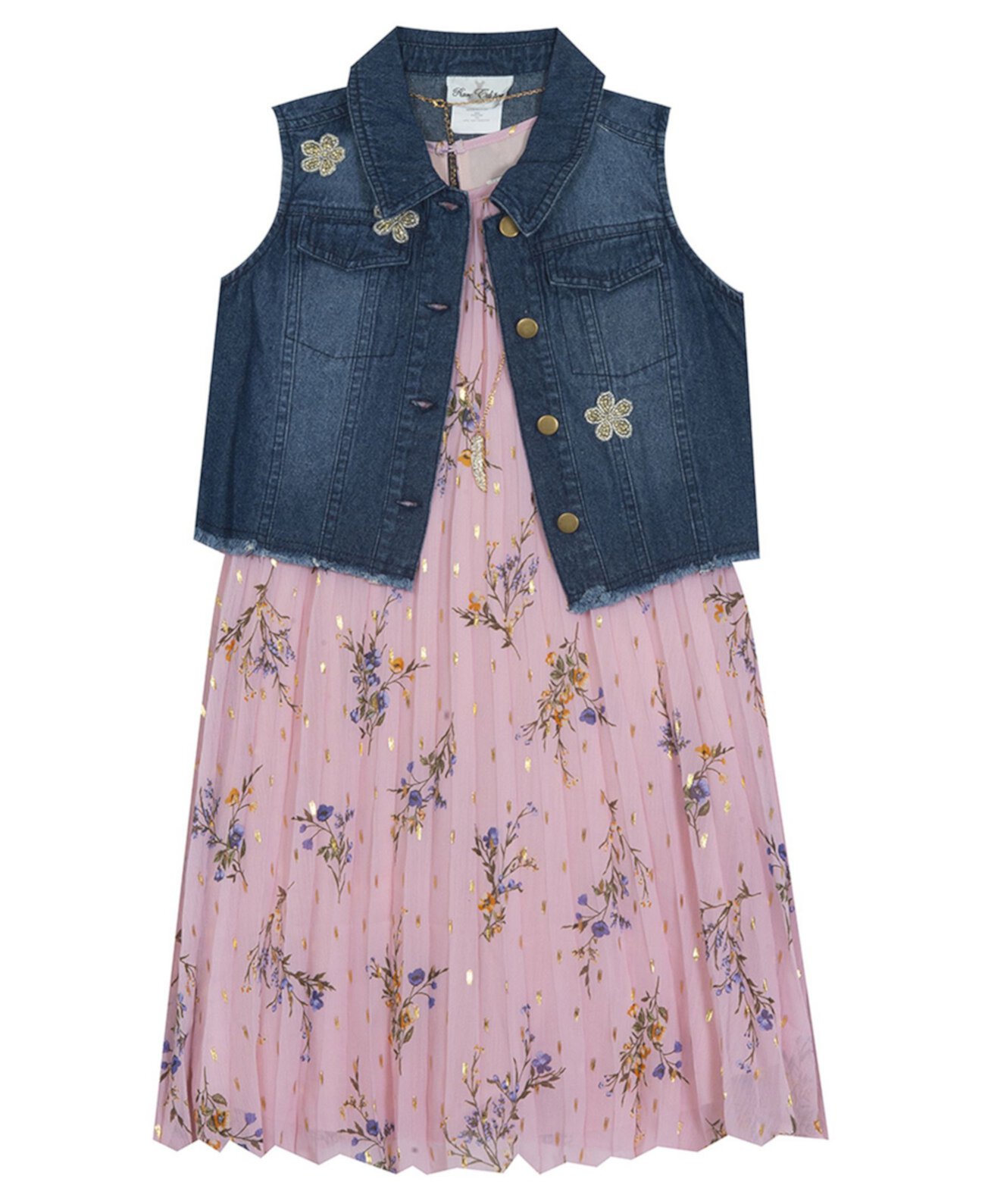 Плиссированное шифоновое платье для маленьких девочек с джинсовой жилеткой Rare Editions
