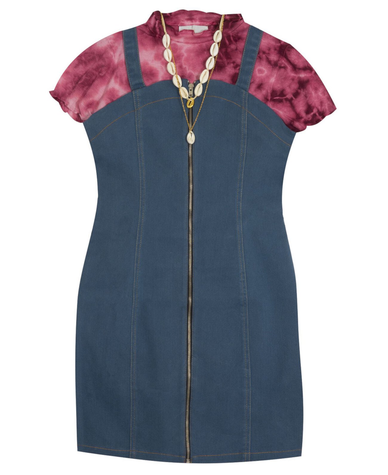 Big Girl Denim Zip-Up Dress Over Rib Knit Mock Neck Top Rare Editions