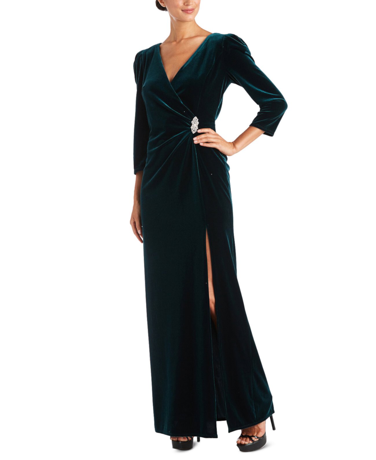 Embellished-Trim Side-Ruched Velvet Gown R & M Richards