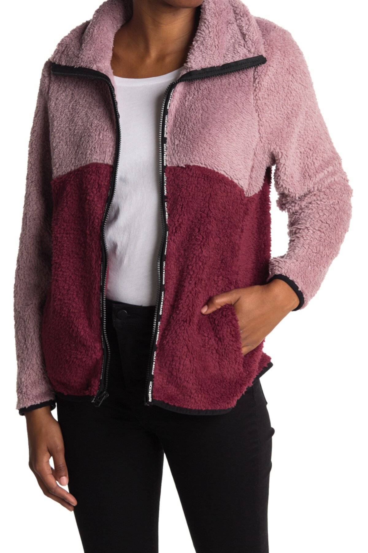 Colorblock Faux Shearling Zip Jacket Lucky Brand