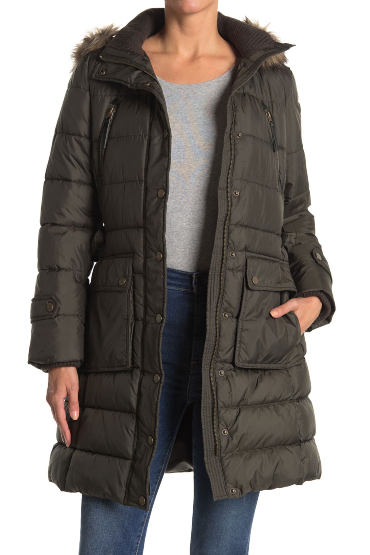 Faux Fur Hooded Belted Puffer Jacket Lucky Brand
