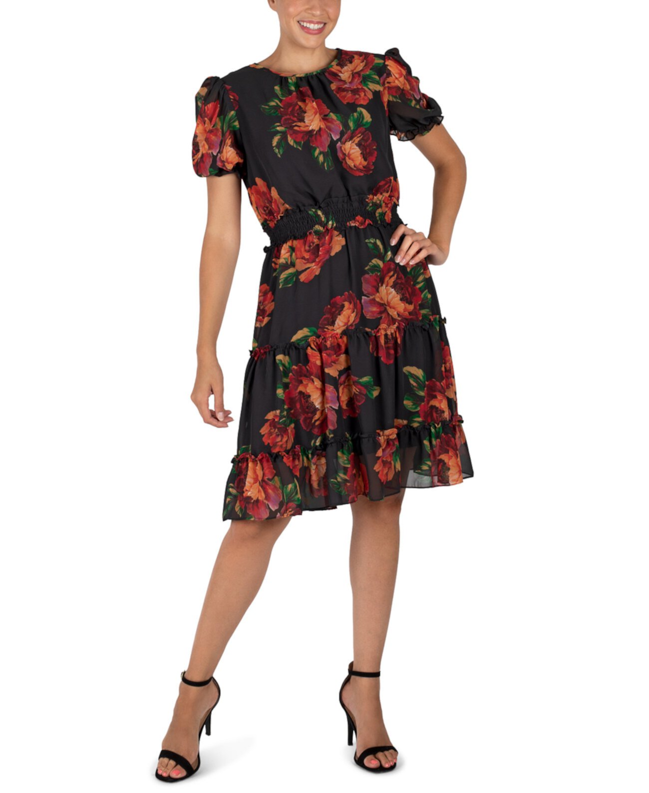 Floral-Print Puff-Sleeve Fit & Flare Dress Julia Jordan