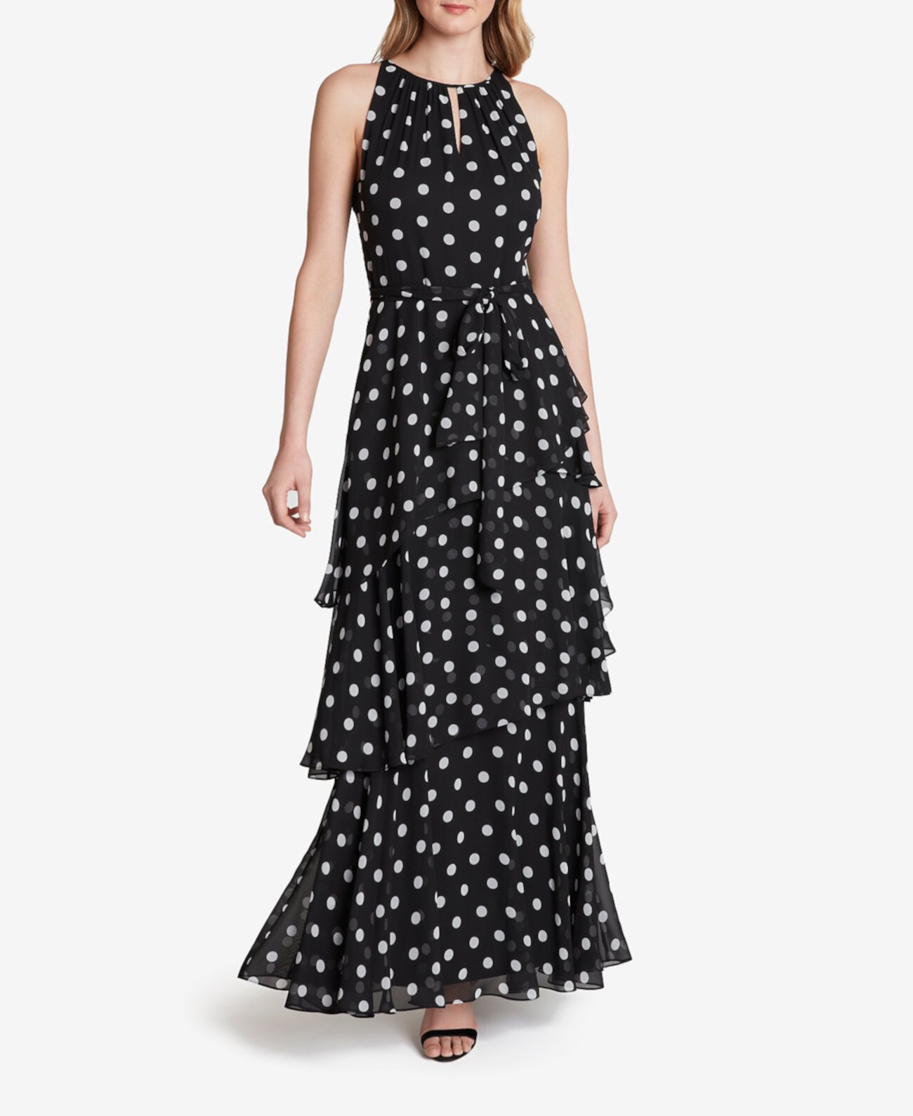 Dot-Printed Tiered Chiffon Gown Tahari by ASL