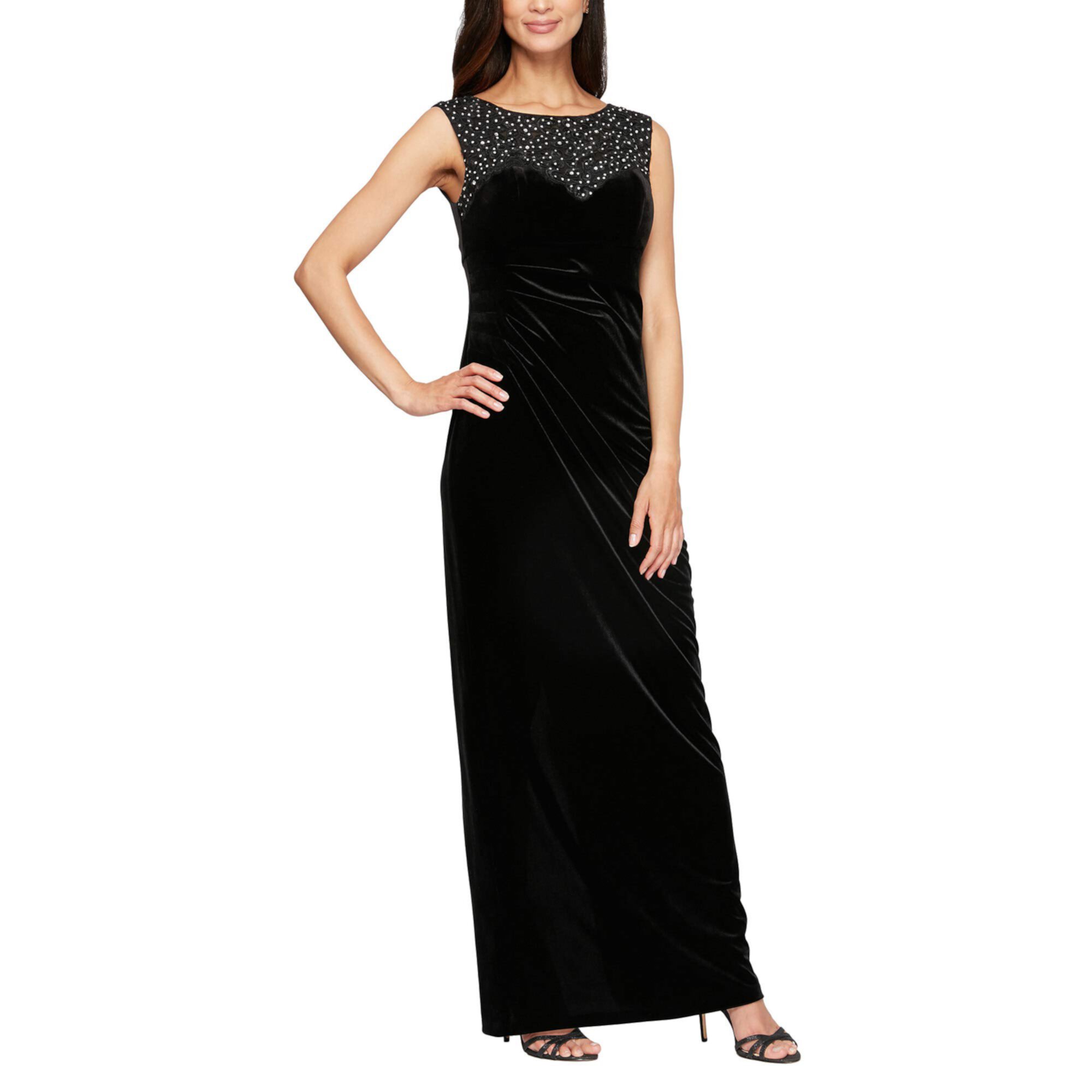 Long Sleeveless Column Dress with Embroidered and Embellished Illusion Neckline Alex Evenings