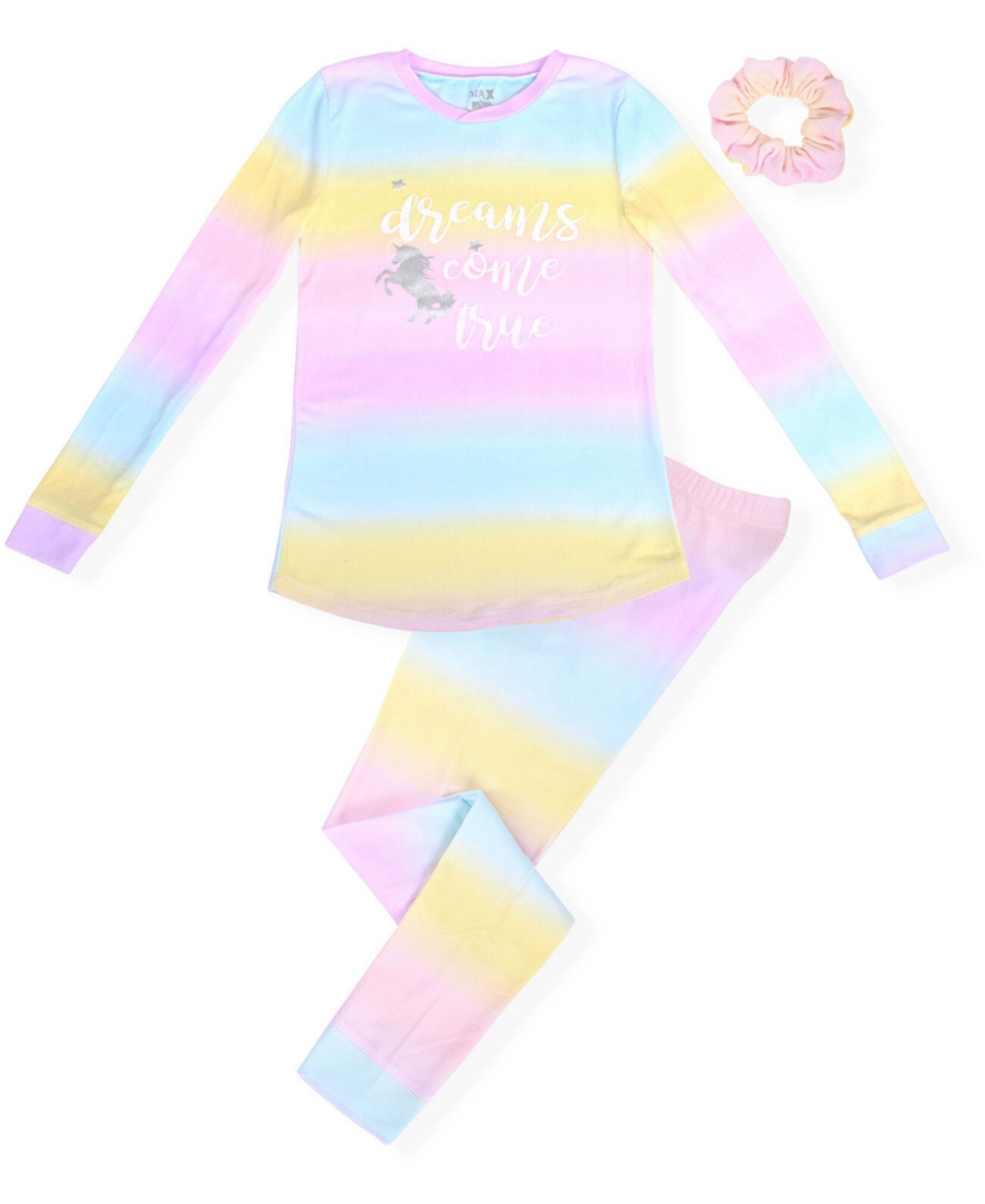 Big Girl's Cosy Tight Fit Pajama Set Ombre Print with Dreams Screen and Scrunchie Max & Olivia