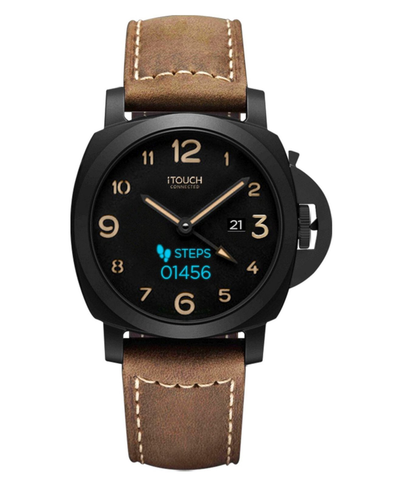 Фитнес-трекер Connected Men's Hybrid Smartwatch: черный чехол с коричневым кожаным ремешком, 44 мм ITouch