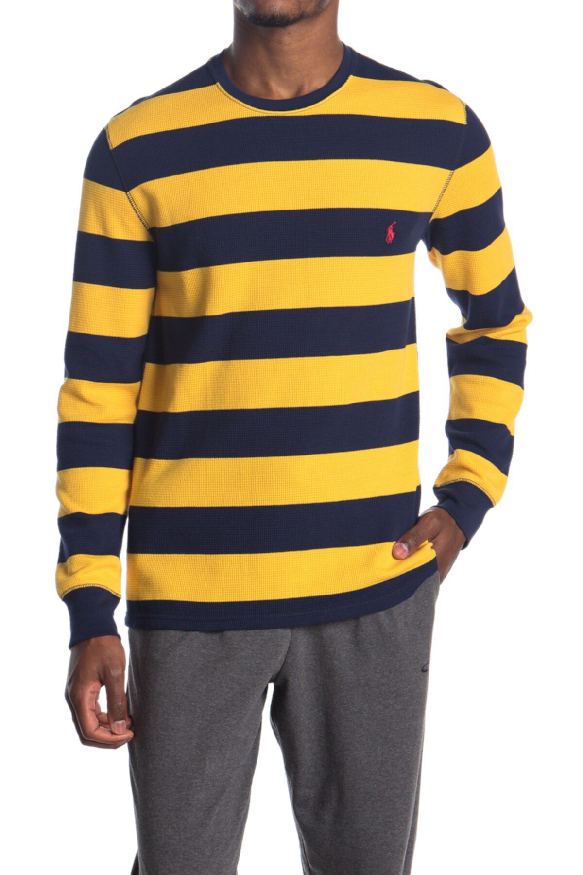 Rugby Stripe Waffle Knit Long Sleeve Sweater Polo