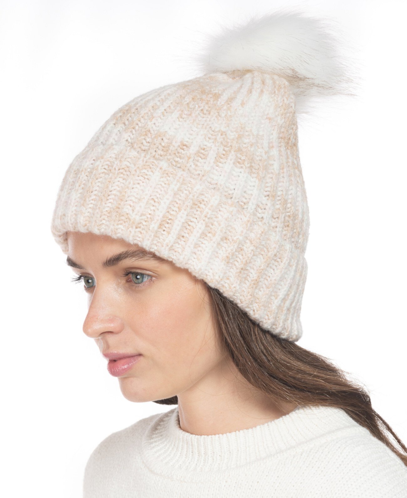Rib Marled Beanie Hat With Faux-Fur Pom, Created for Macy's Style & Co