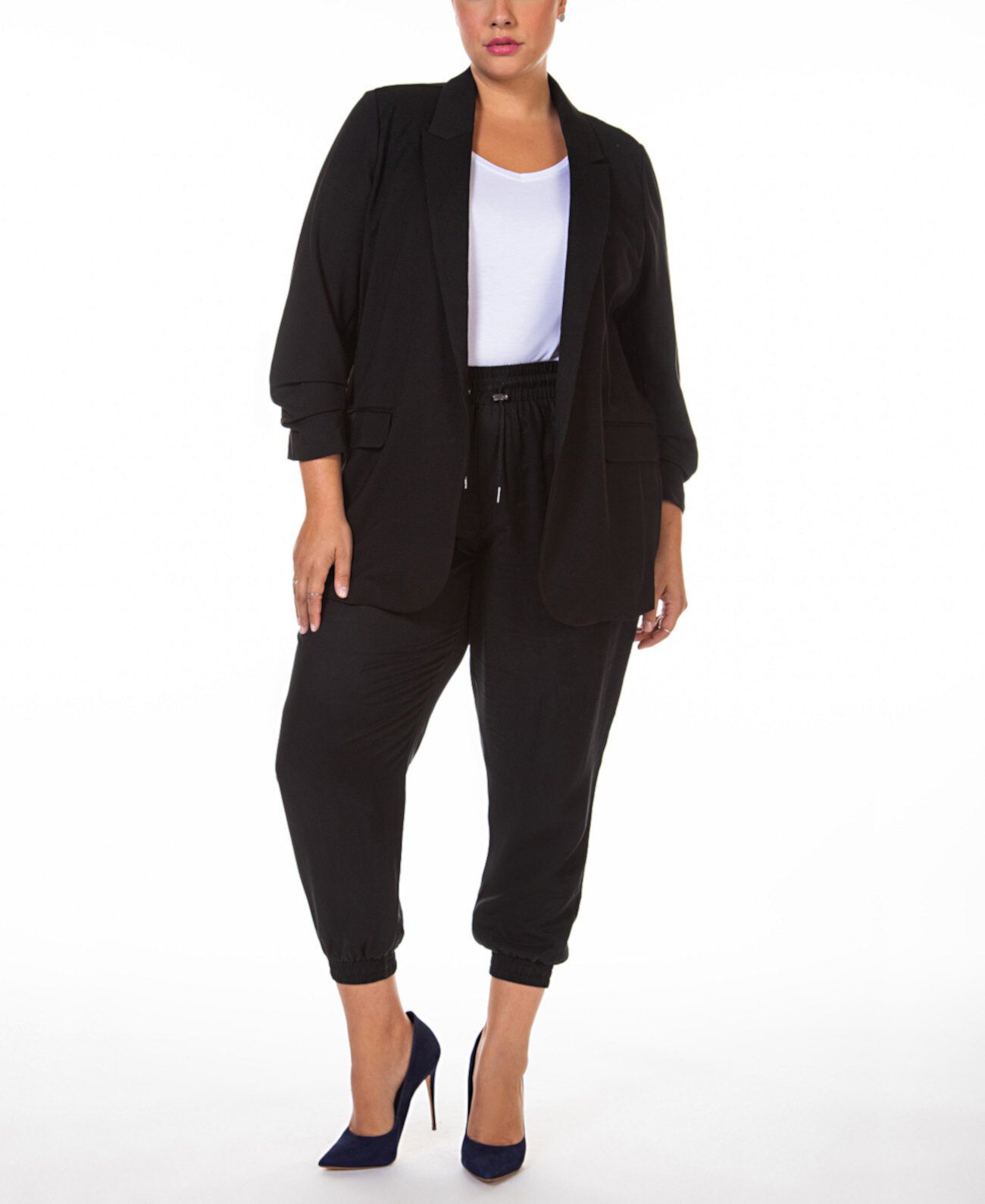 Plus Size Ruched-Sleeve Open-Front Blazer Black Tape